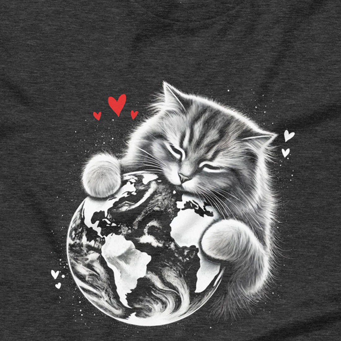 Illustration of a fluffy cat hugging Planet Earth, surrounded by small red hearts, printed on a dark grey t-shirt. This design symbolizes love, responsibility, and protecting the planet. Inspired by the Movie, Flow