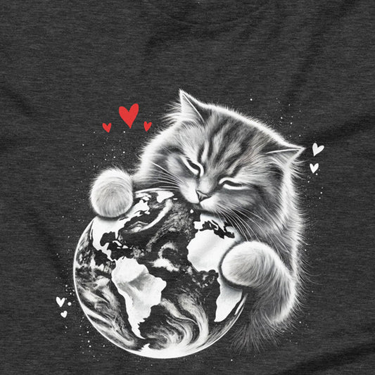 Illustration of a fluffy cat hugging Planet Earth, surrounded by small red hearts, printed on a dark grey t-shirt. This design symbolizes love, responsibility, and protecting the planet. Inspired by the Movie, Flow