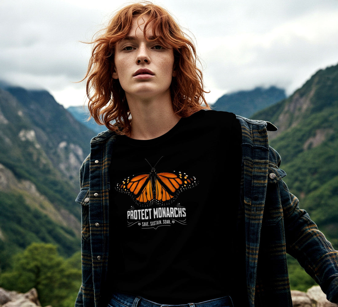 OMThread black t-shirt with Protect Monarchs design featuring orange Monarch butterfly, worn by model outdoors in mountain setting.