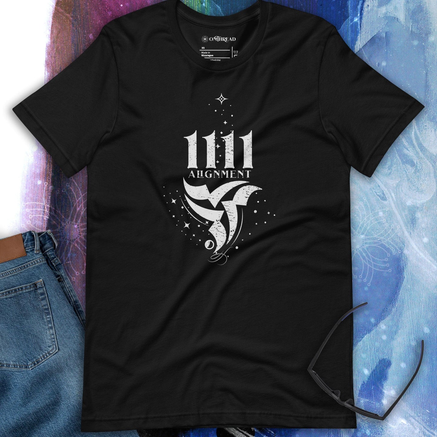 OMTHREAD 1111 Alignment: Embrace the Synchronicity Tee, black t-shirt featuring a geometric design with 1111 alignment text, cosmic elements.