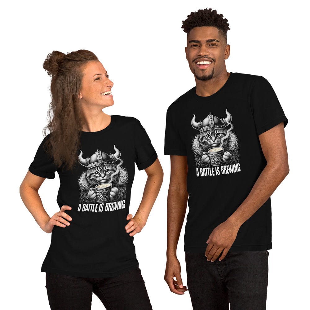 OMTHREAD A Battle Is Brewing Viking Cat T-Shirt | Funny Coffee Lover Tee