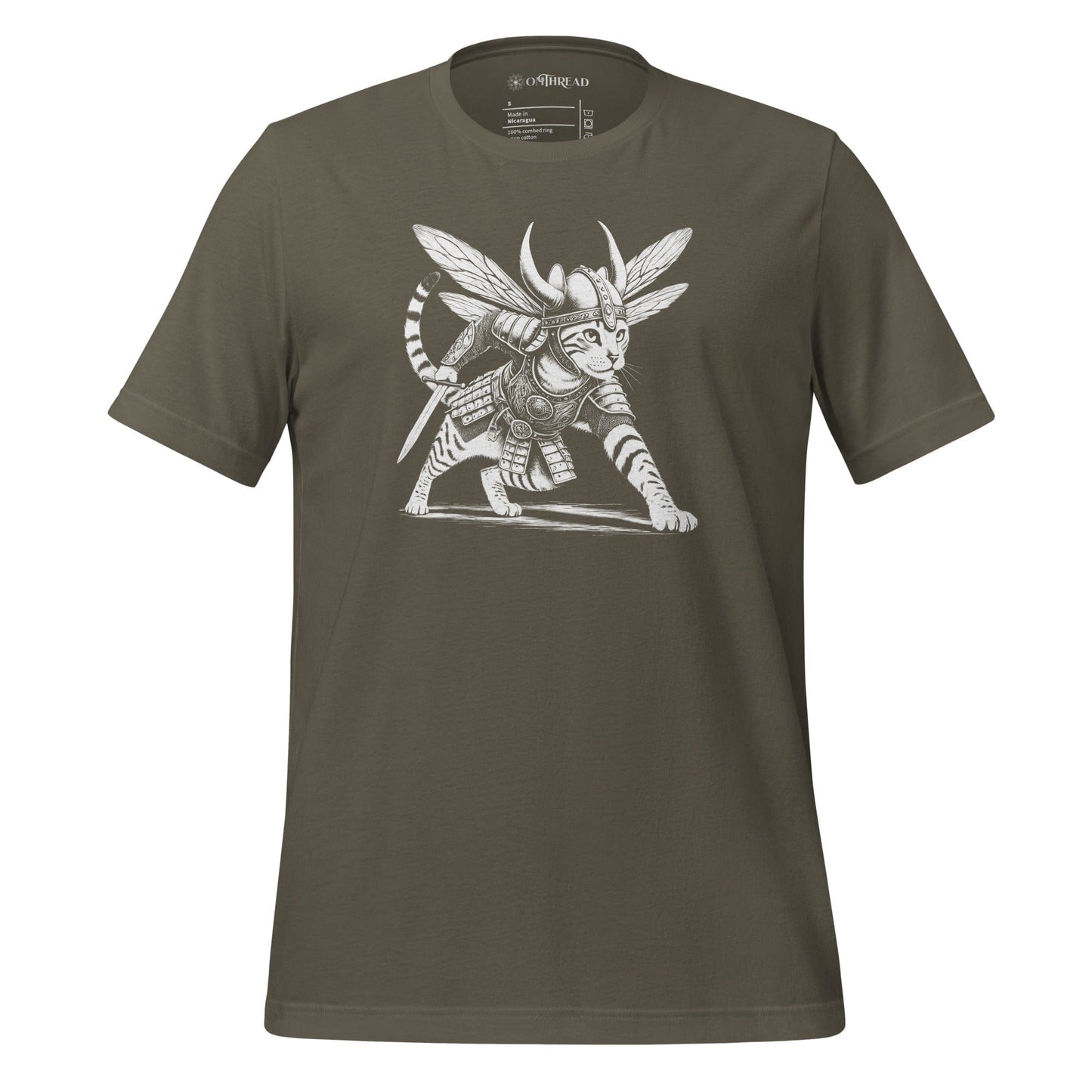 OMThread army t-shirt featuring an intricately illustrated Viking warrior cat in a battle-ready stance, wearing detailed armor, a horned helmet, and insect-like wings, holding a sword.