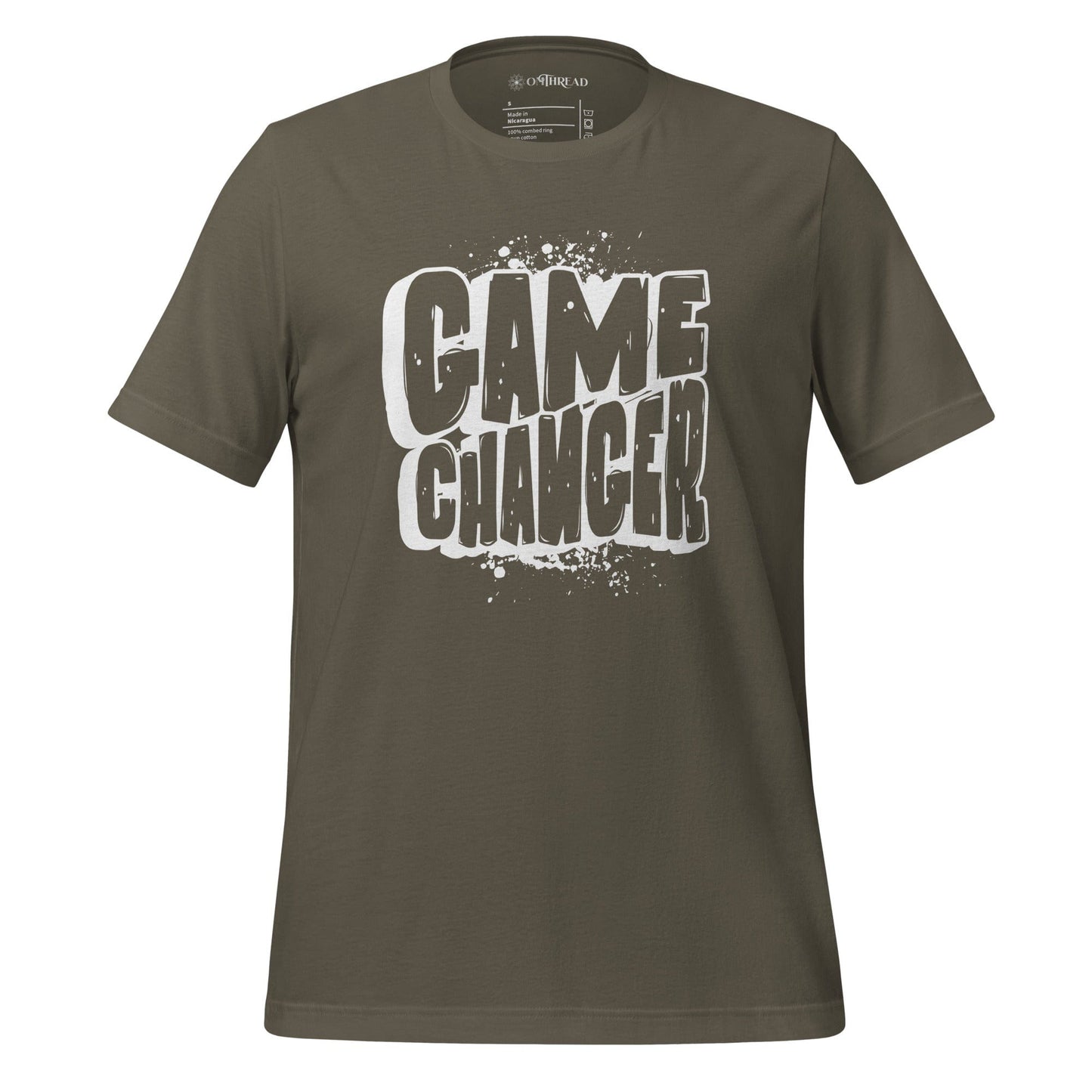 OMTHREAD army green t-shirt with bold white "Game Changer" text in a distressed font.