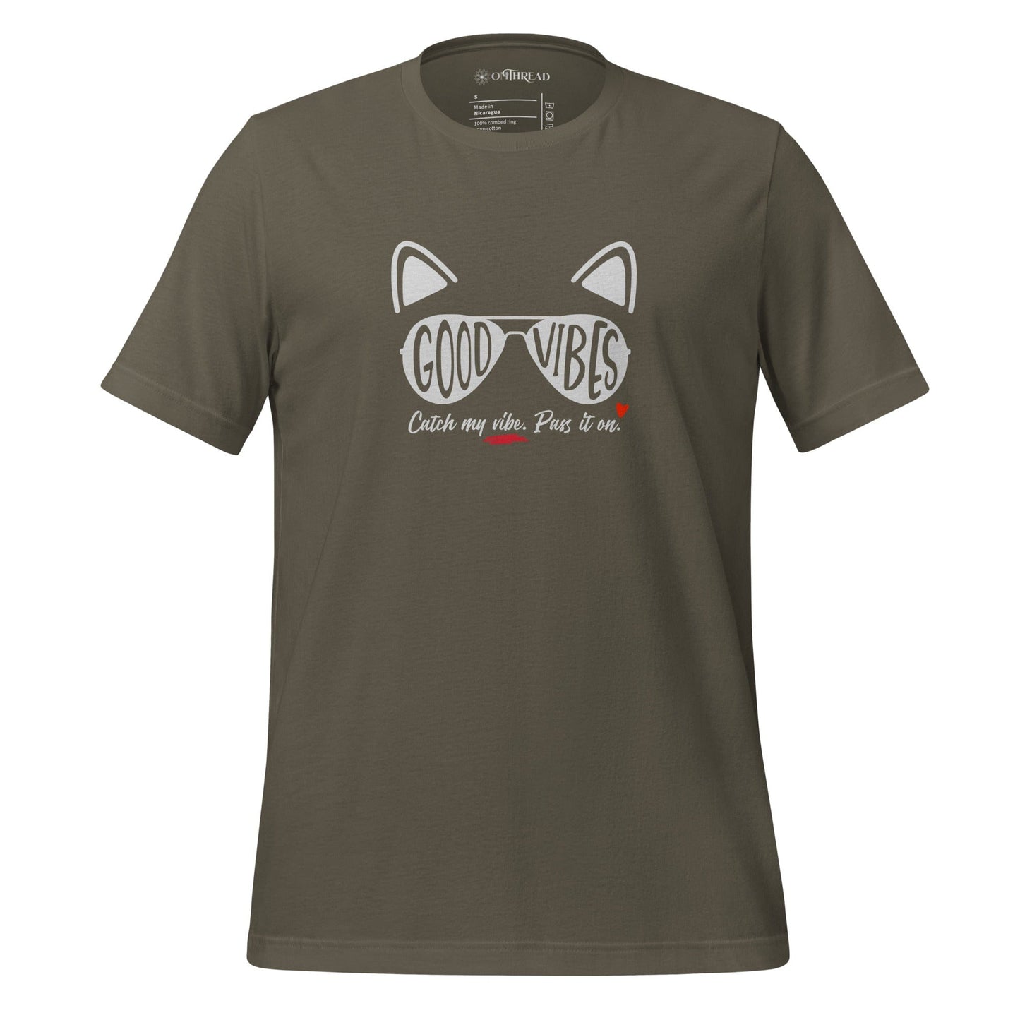 OMTHREAD Army / S Good Vibes Cat T-Shirt | Positive Energy Cat Tee | Catch My Vibe Shirt