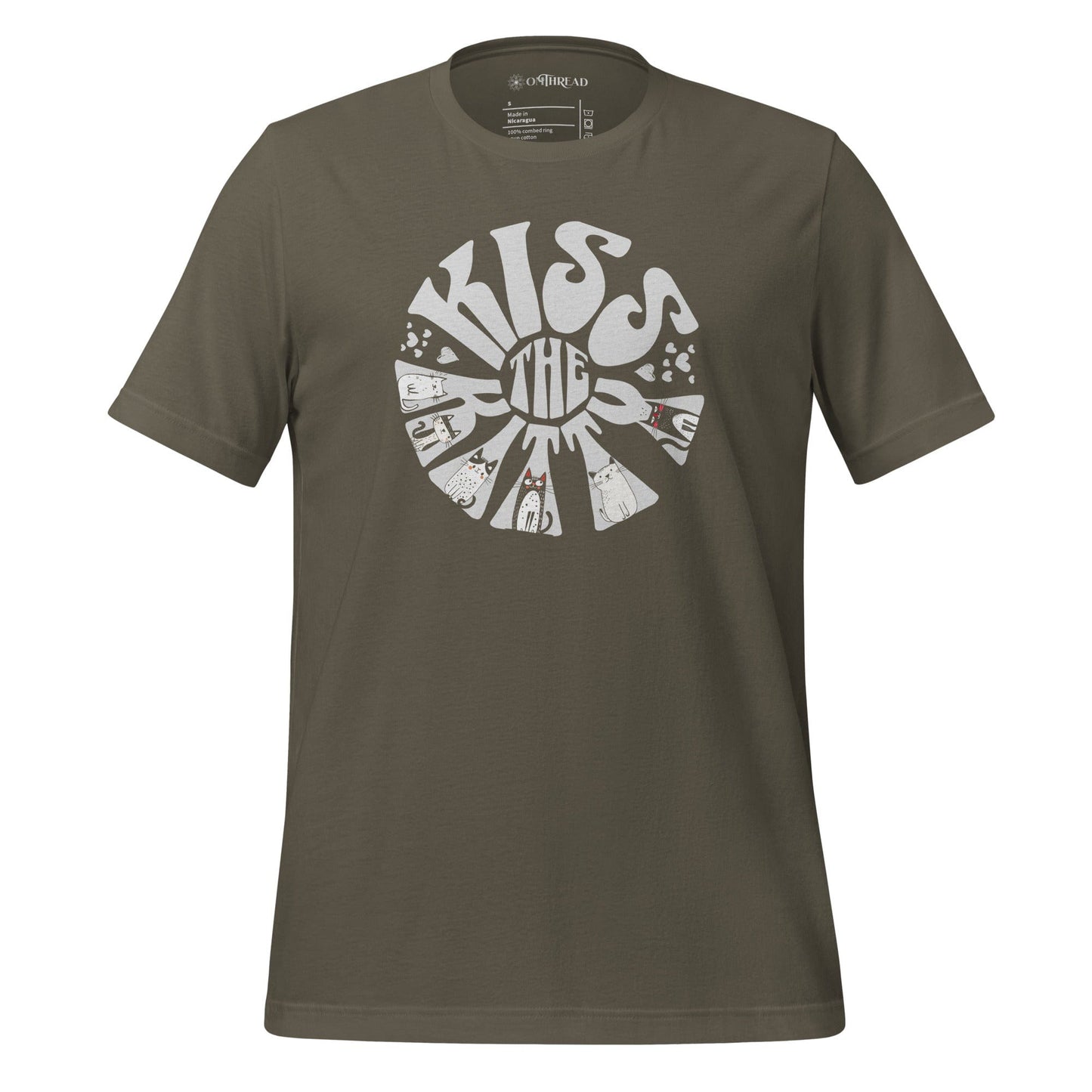 OMThread army t-shirt featuring a circular sunburst design with the phrase "Kiss the Kitty" in bold, retro-style lettering. The letters are integrated with playful cat illustrations, creating a dynamic composition.