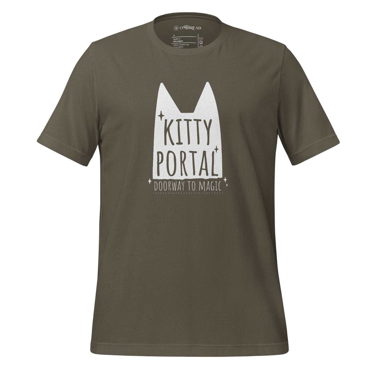 OMTHREAD Army / S Kitty Portal Doorway to Magic T-Shirt | Cat Lover Tee | Whimsical Cat Shirt