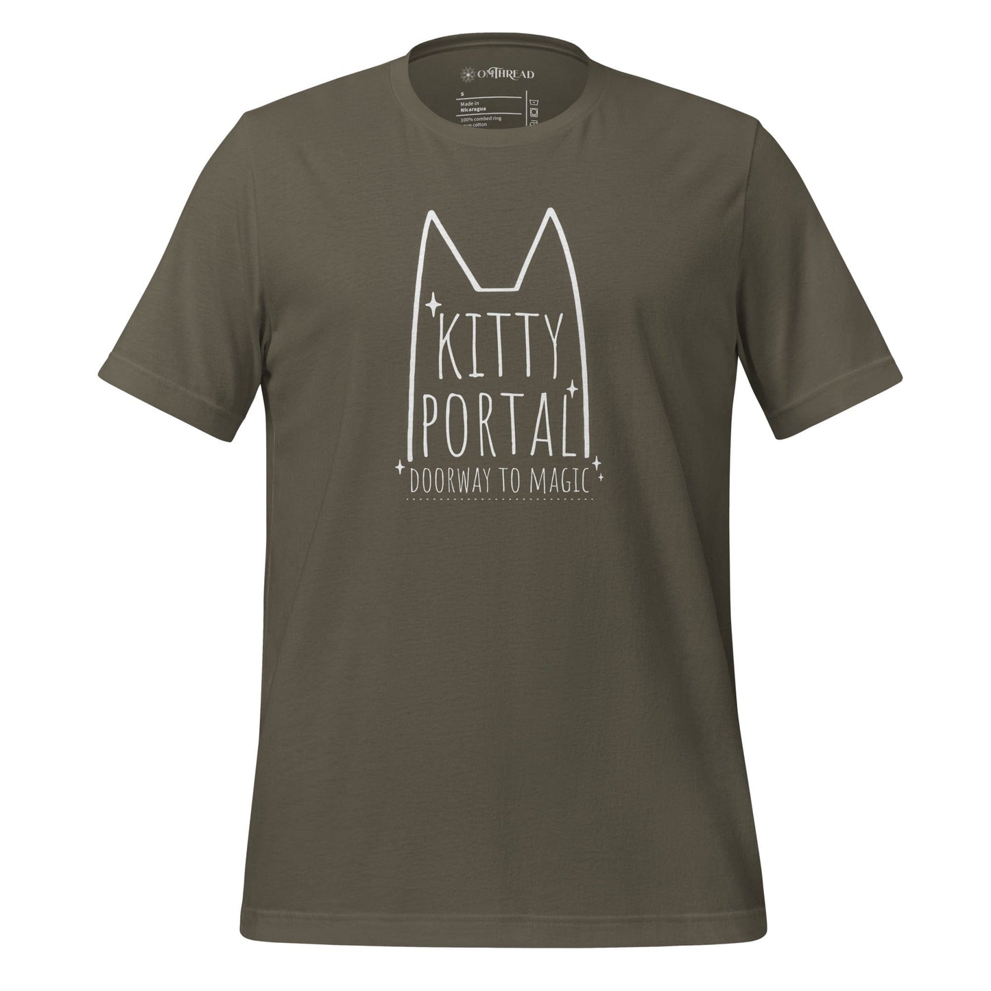 OMTHREAD Army / S Kitty Portal T-Shirt | Magic Cat Lover Tee | Minimalist Cat Shirt