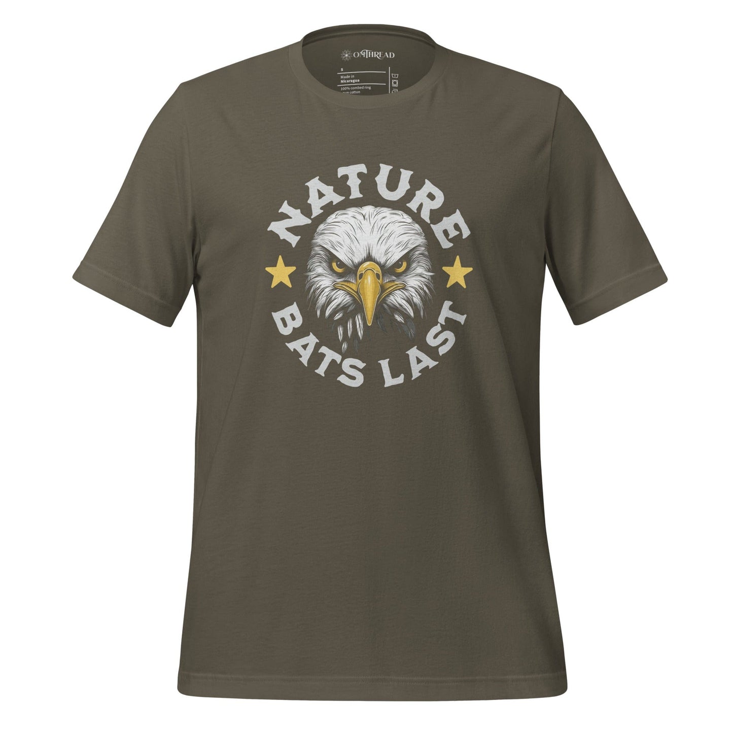 OMTHREAD army green t-shirt featuring a fierce bald eagle illustration with "Nature Bats Last" text in bold white letters, accented by two yellow stars.