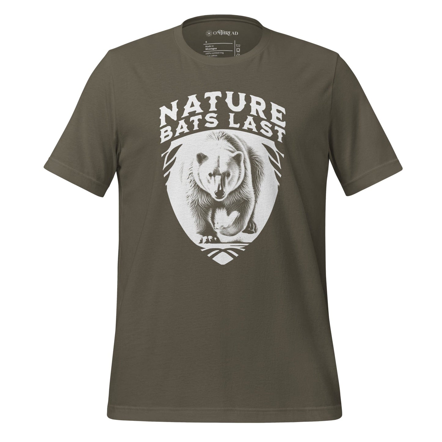 OMTHREAD Army Green T-Shirt with a detailed polar bear illustration and bold "Nature Bats Last" text.