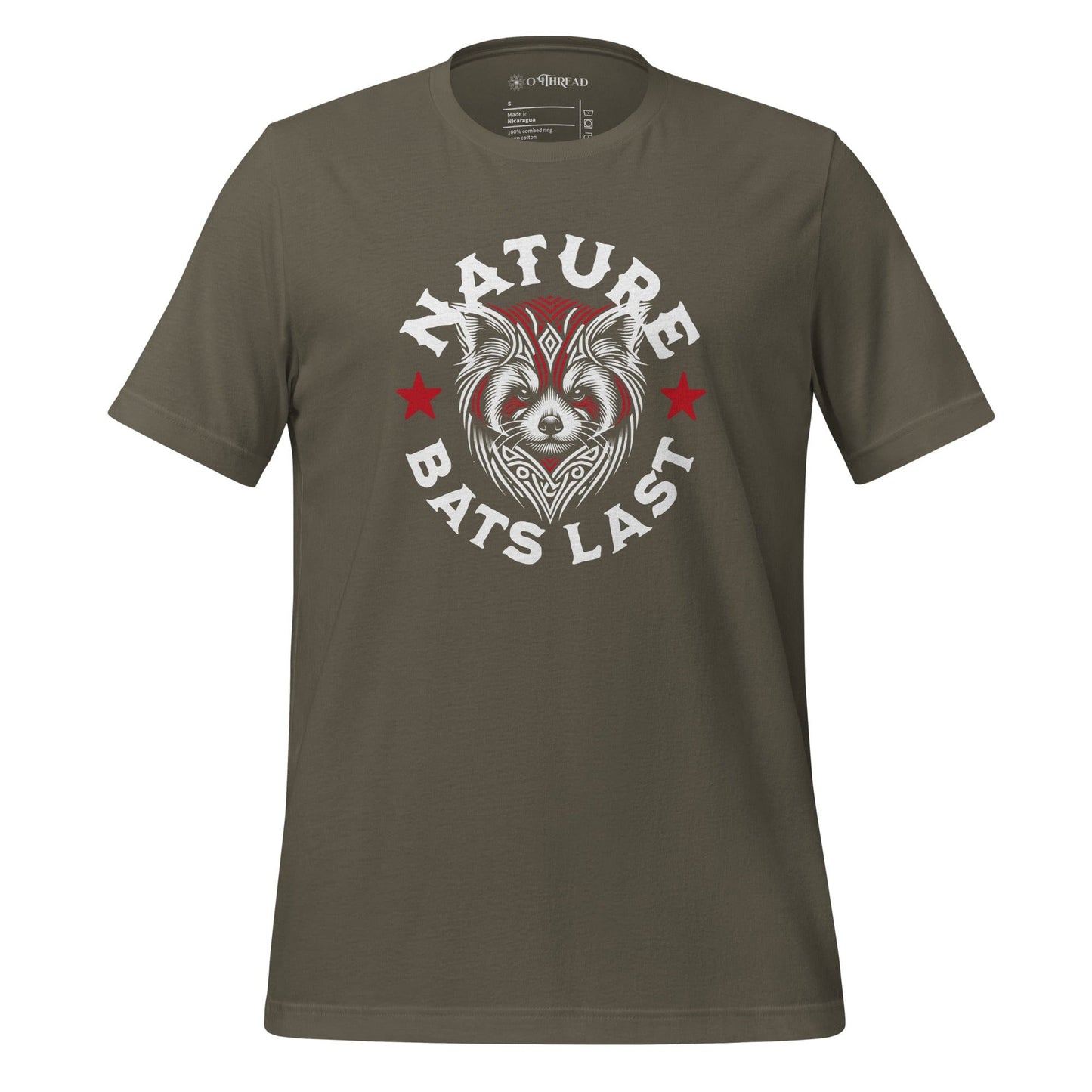 OMThread army green t-shirt with a tribal-style red panda illustration and bold "Nature Bats Last" text, featuring red stars on a dark background.