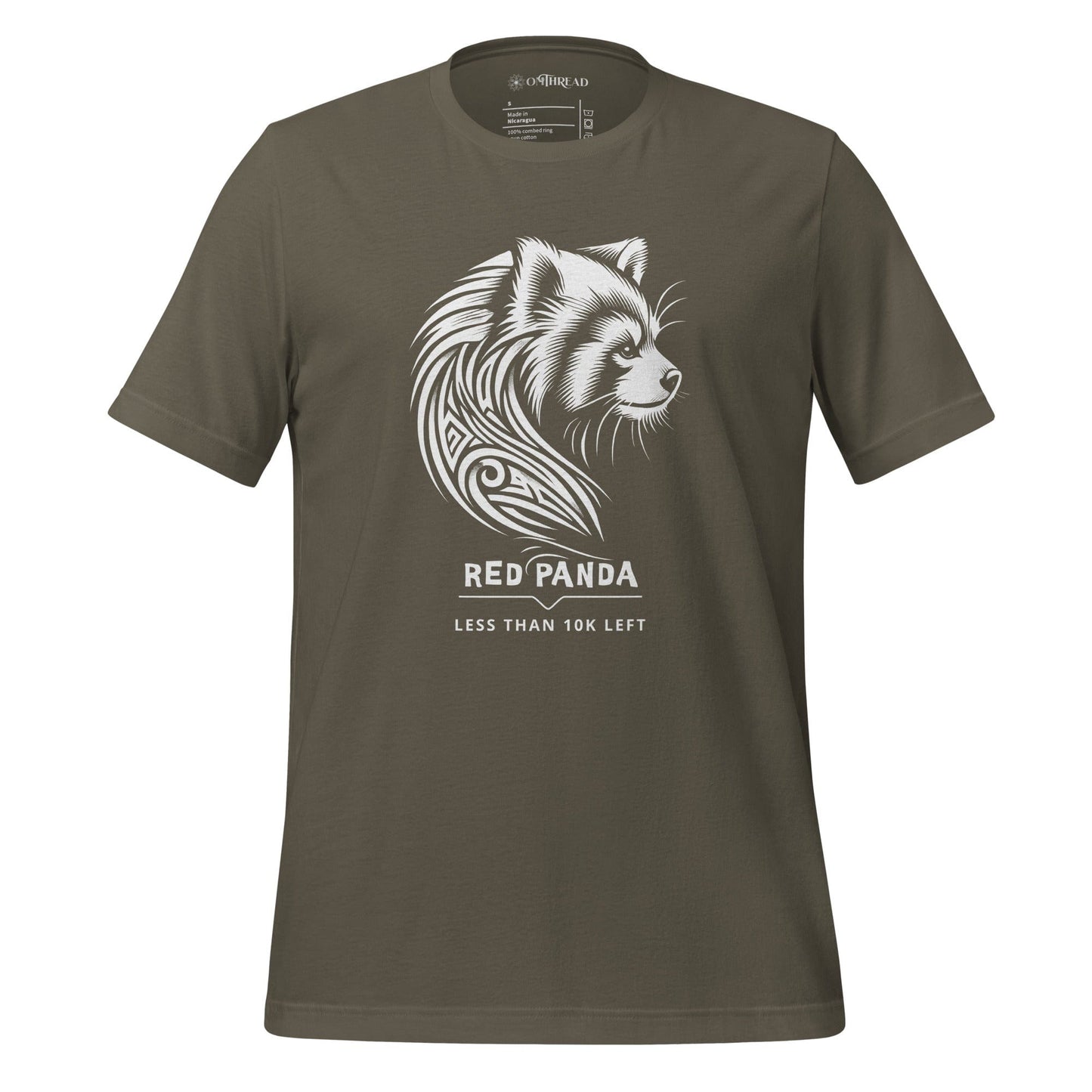 OMThread army green t-shirt featuring a white tribal-style red panda illustration with the text 'Less Than 10K Left' below the design.