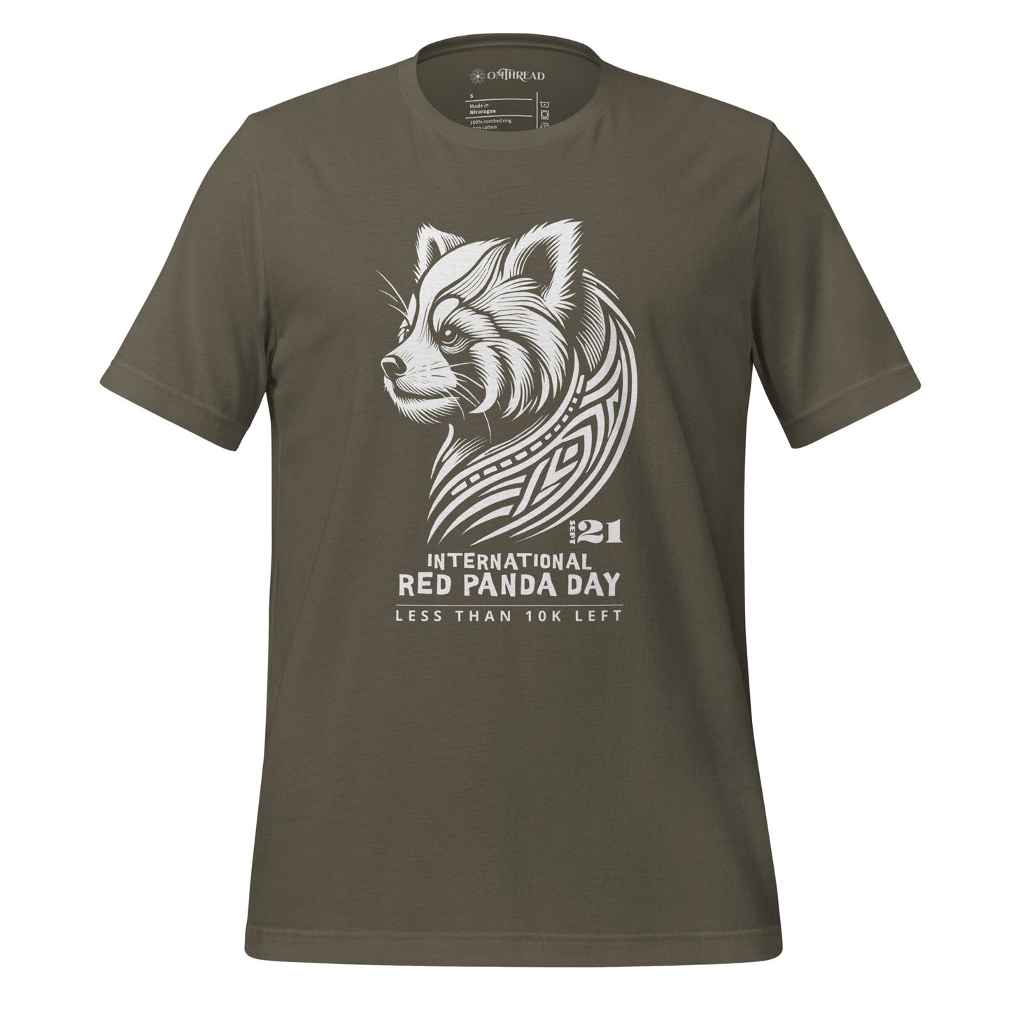 OMThread army green t-shirt with white tribal-style red panda illustration and text reading "International Red Panda Day, Less Than 10K Left"
