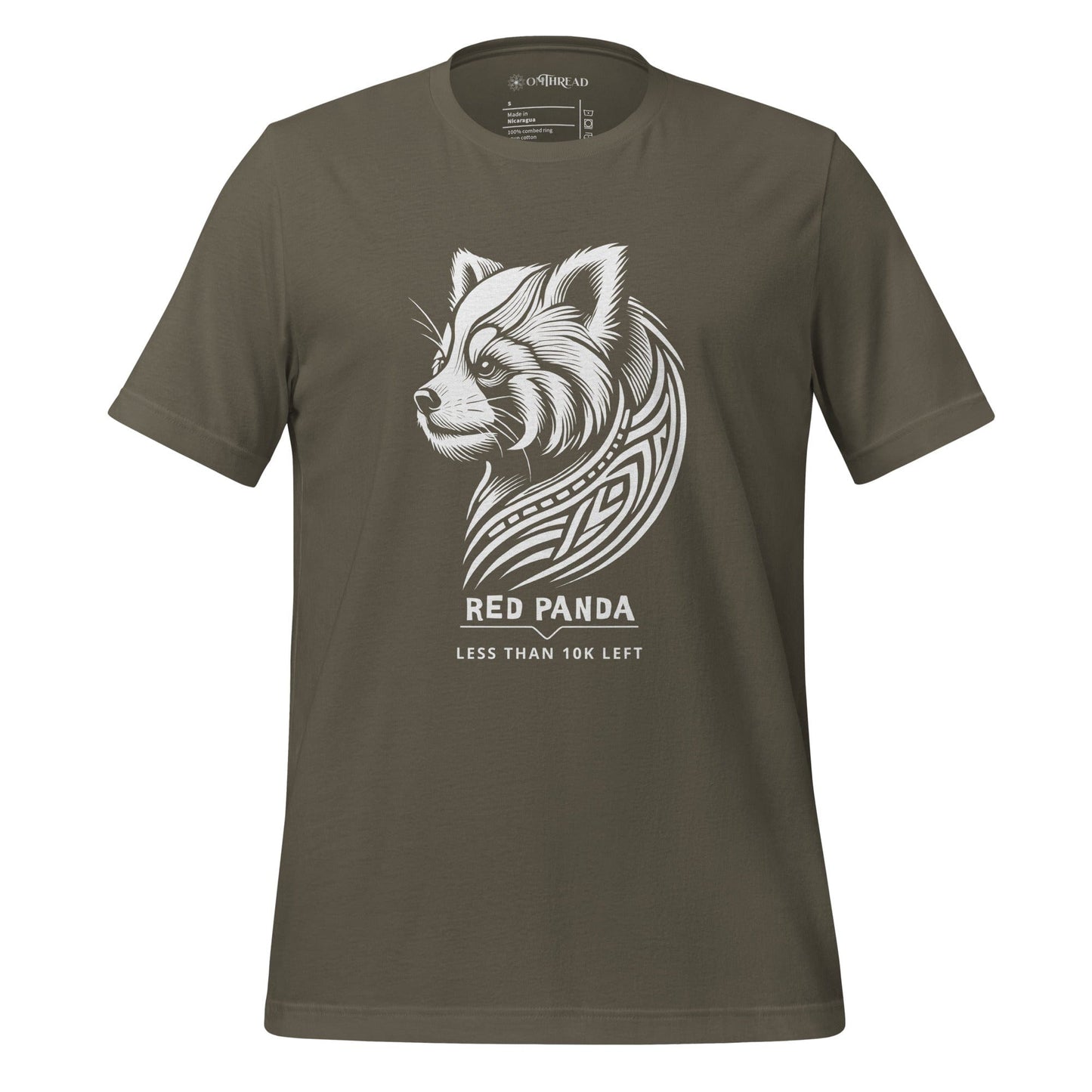 OMThread army green t-shirt featuring a tribal-style red panda illustration with the phrase "Less Than 10K Left," highlighting endangered species awareness.