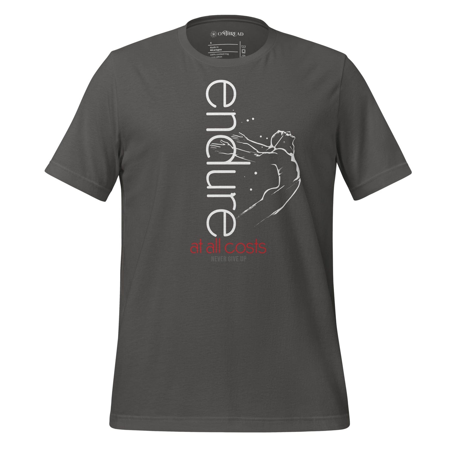 OMThread light gray t-shirt with white endurance-themed line art of a figure in motion and red text reading "at all costs never give up"