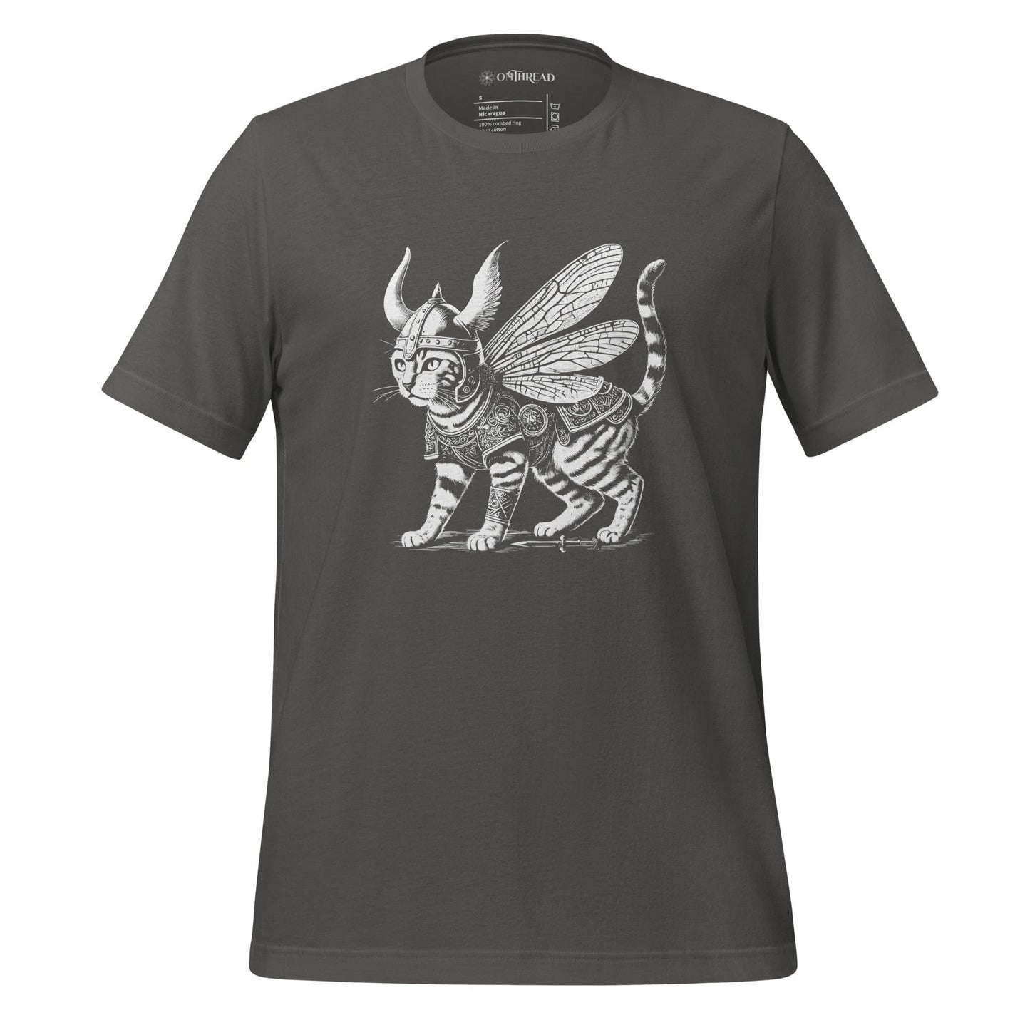 OMThread light gray t-shirt featuring a highly detailed illustration of a Viking warrior cat with insect-like wings, wearing intricate armor and a horned helmet. The feline stands confidently, exuding strength and mystery.