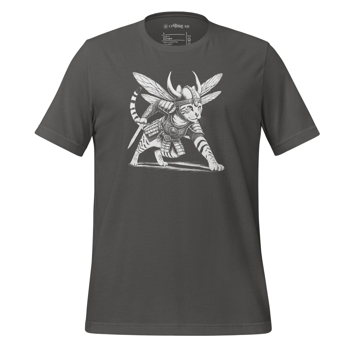 OMThread light gray t-shirt featuring an intricately illustrated Viking warrior cat in a battle-ready stance, wearing detailed armor, a horned helmet, and insect-like wings, holding a sword.