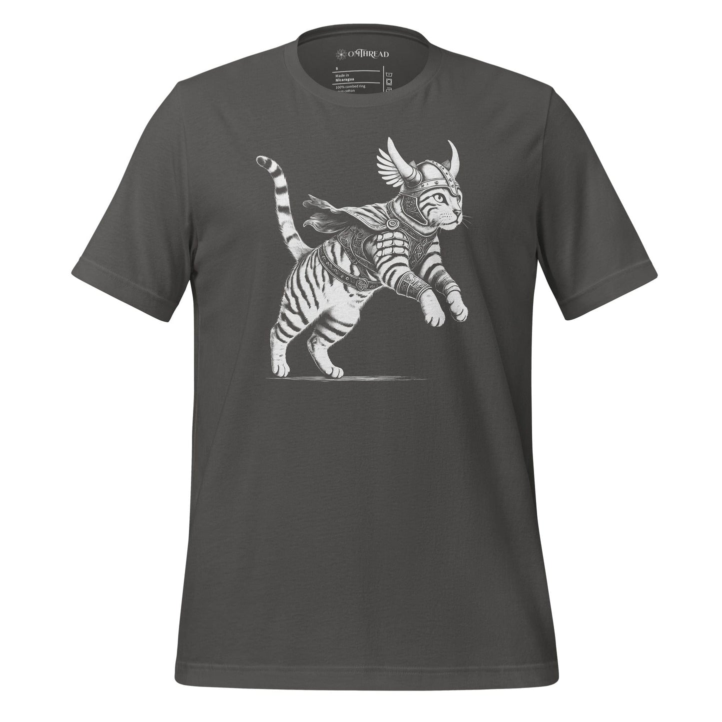 OMThread light gray t-shirt featuring a detailed illustration of a Viking cat in armor with a horned helmet, flowing cape, and feathered wings. The feline warrior is in an action-ready pose with intricate linework.