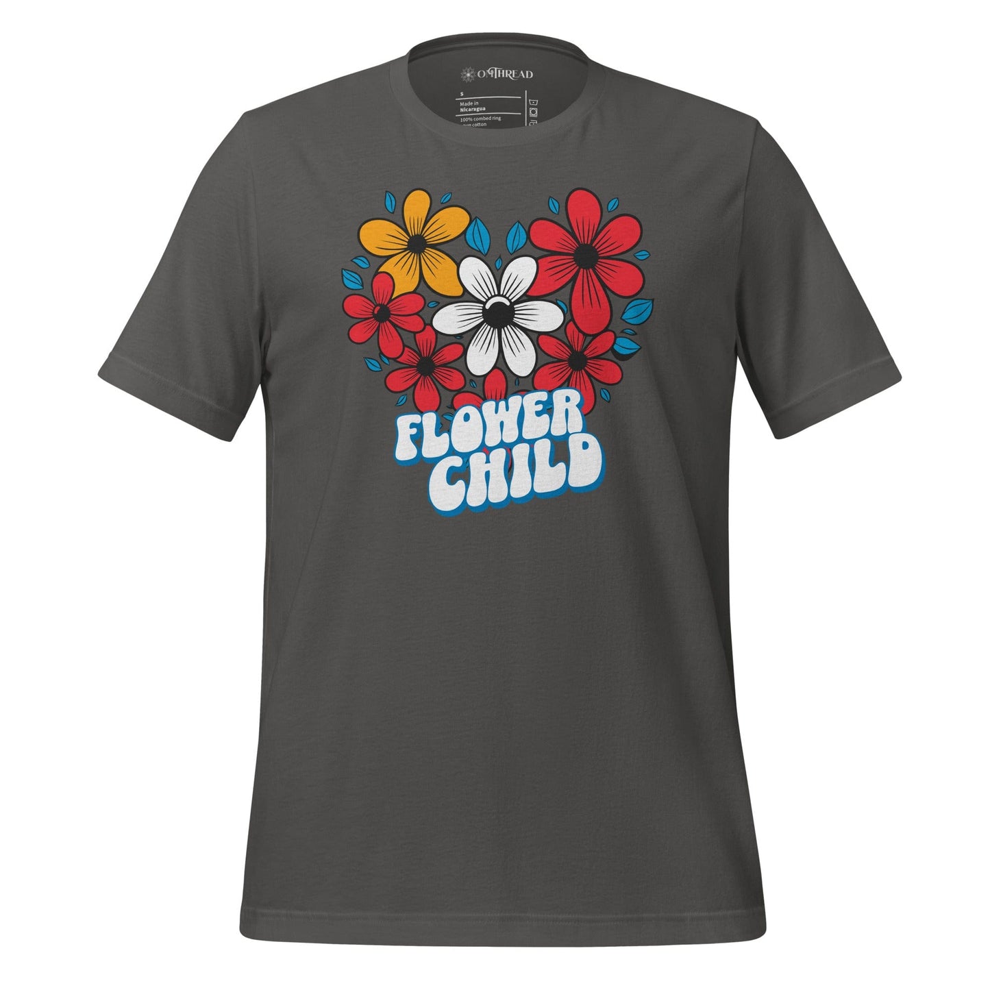 OMTHREAD Flower Child Nostalgic Tee gray shirt with colorful flowers and "Flower Child" text
