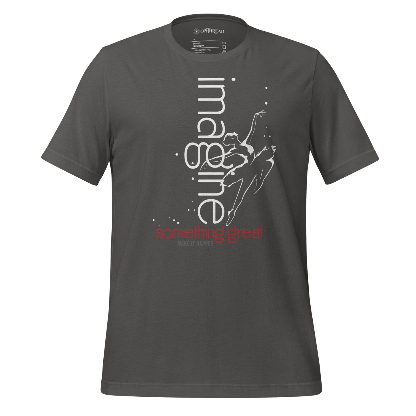 OMTHREAD light gray t-shirt featuring a dynamic illustration of a dancer leaping with the text "imagine something great" in white and red.