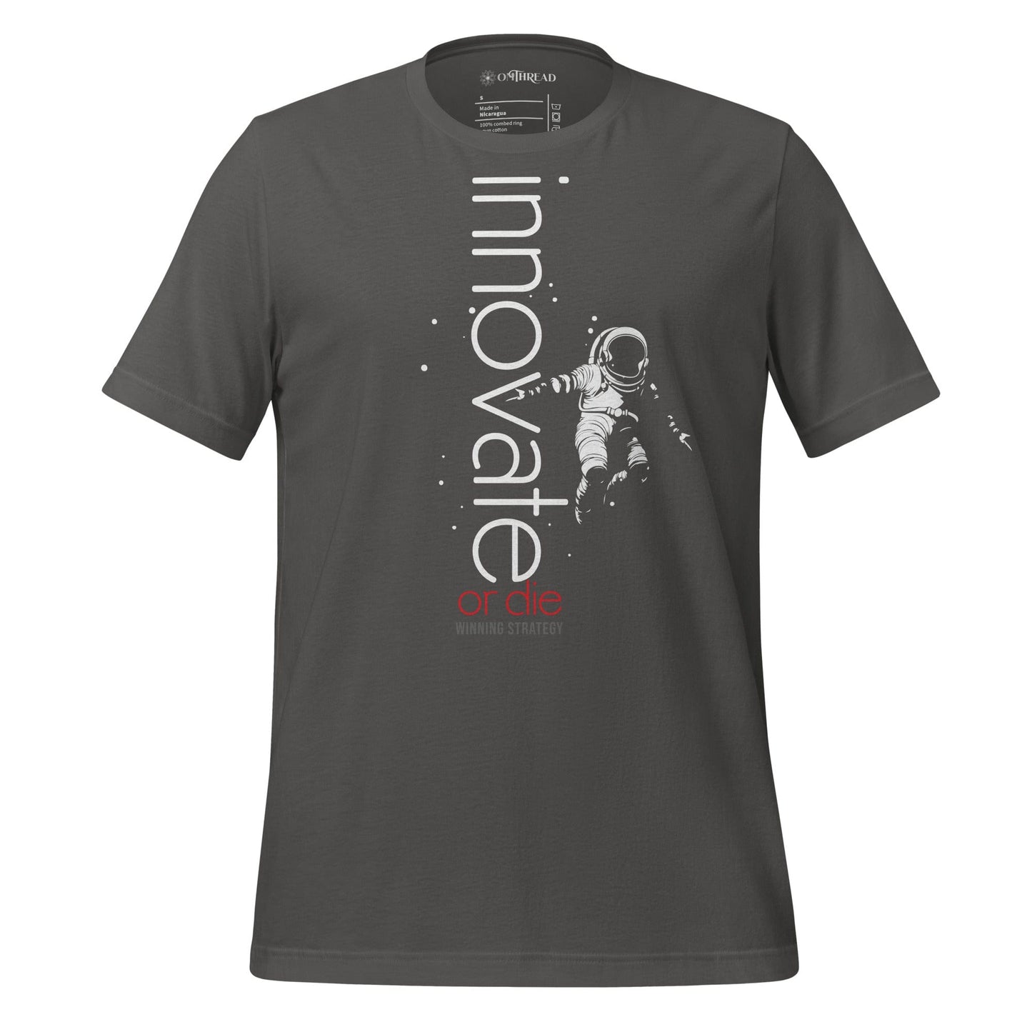 OMTHREAD light gray t-shirt featuring an astronaut floating in space with the words "Innovate or Die" in vertical typography, accented with red text.