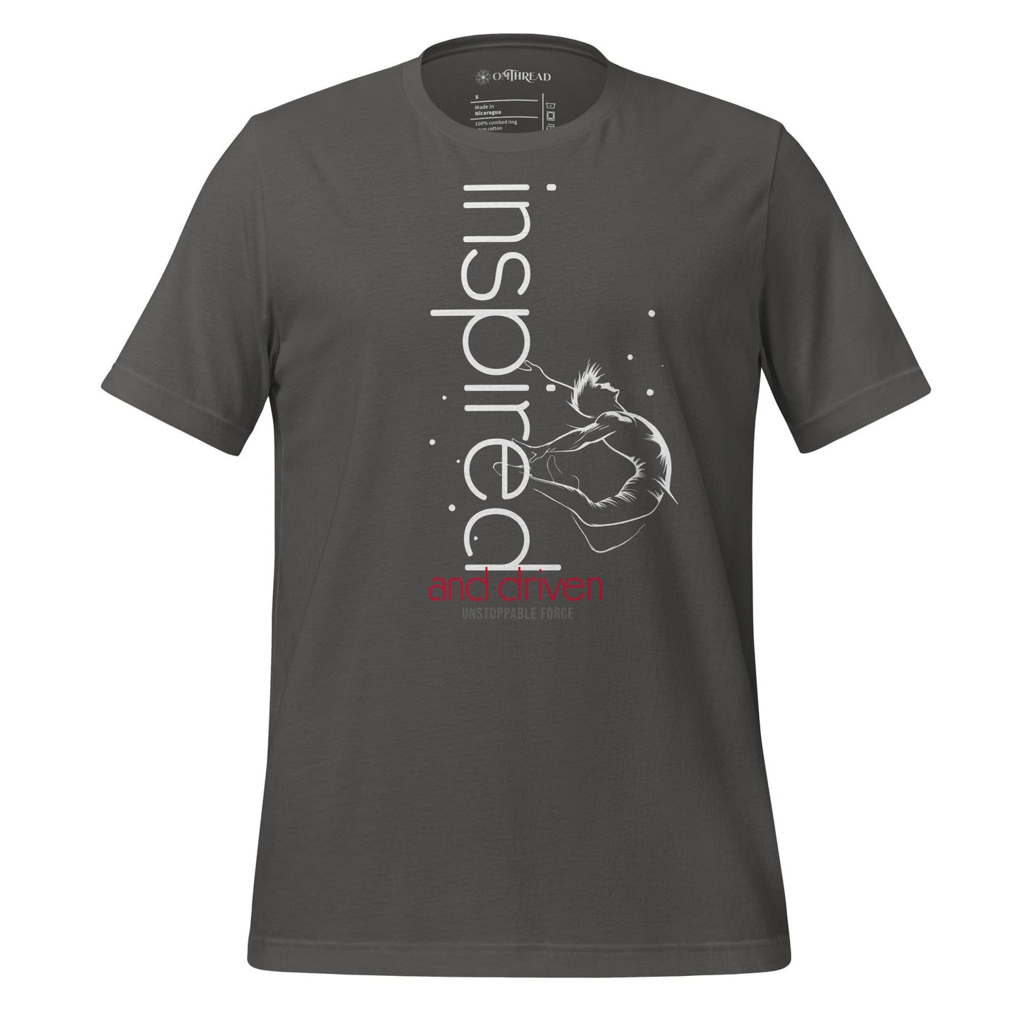 OMThread light grey t-shirt with "Inspired and Driven" typography and an abstract figure in motion, symbolizing motivation and determination