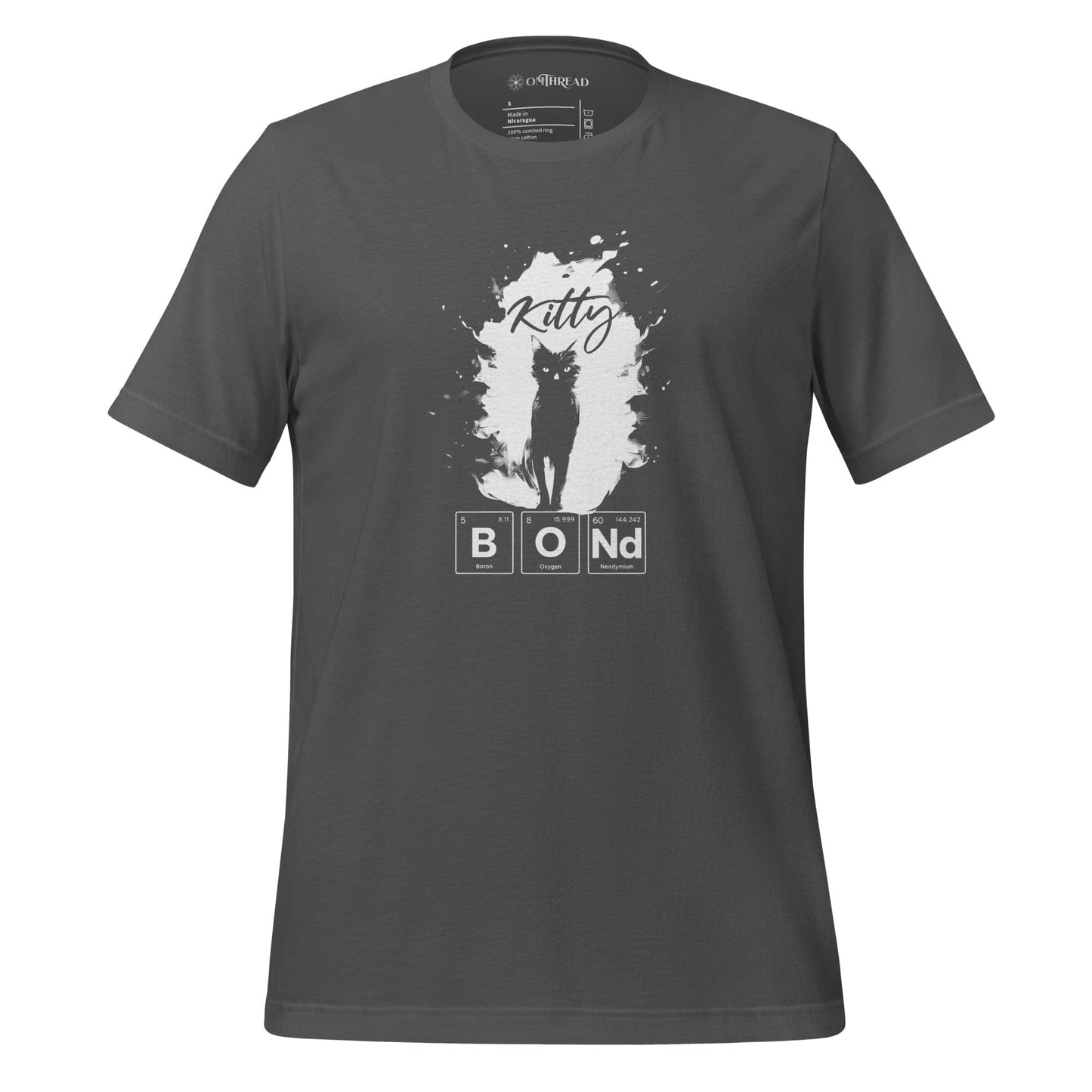 OMTHREAD light gray t-shirt featuring a black cat silhouette inside a white paint splatter. The word "Kitty" is written in cursive above, and "BOND" is spelled out using periodic table elements.