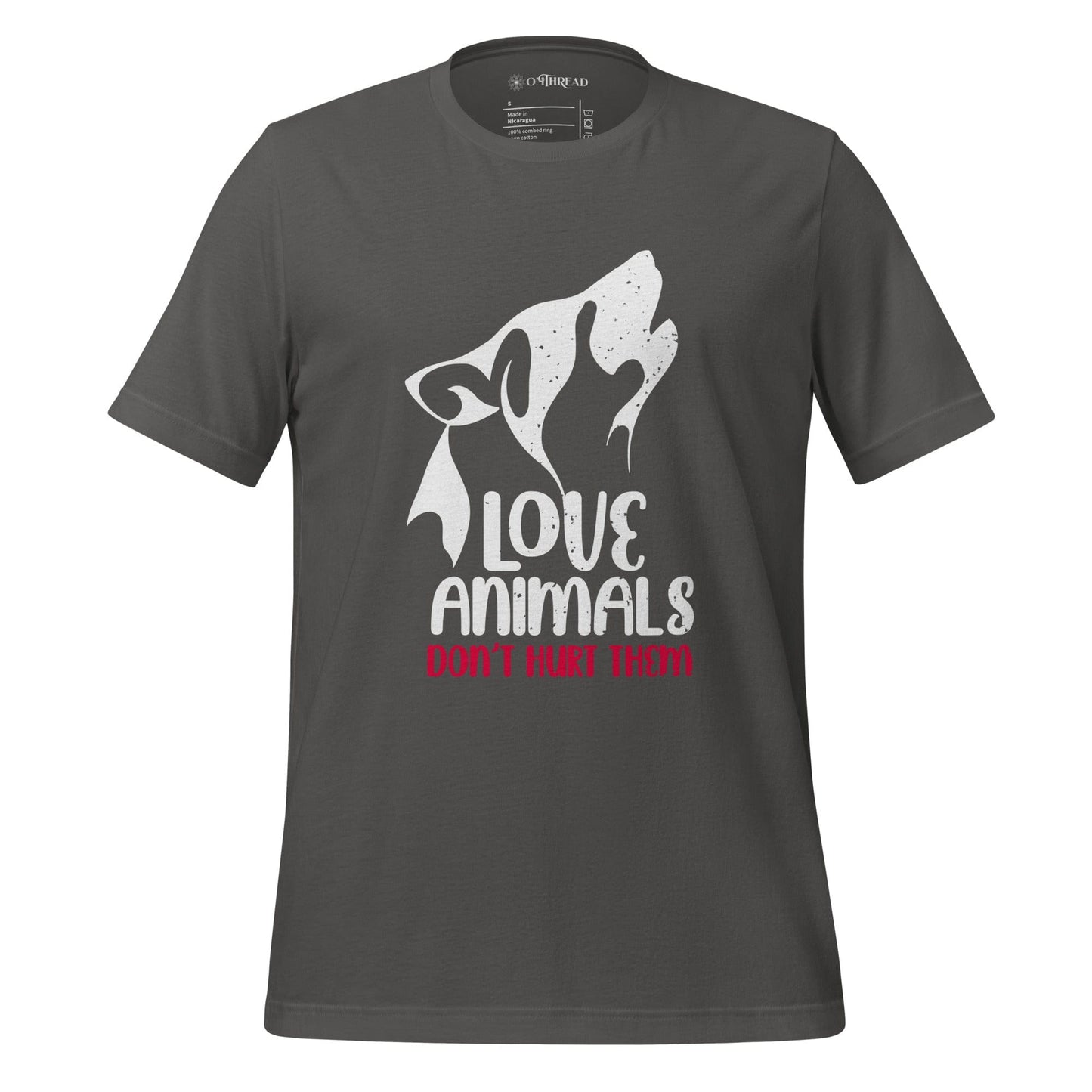 OMThread light gray t-shirt featuring a white and red design of a stylized wolf howling with the words "Love Animals, Don't Hurt Them" in bold typography