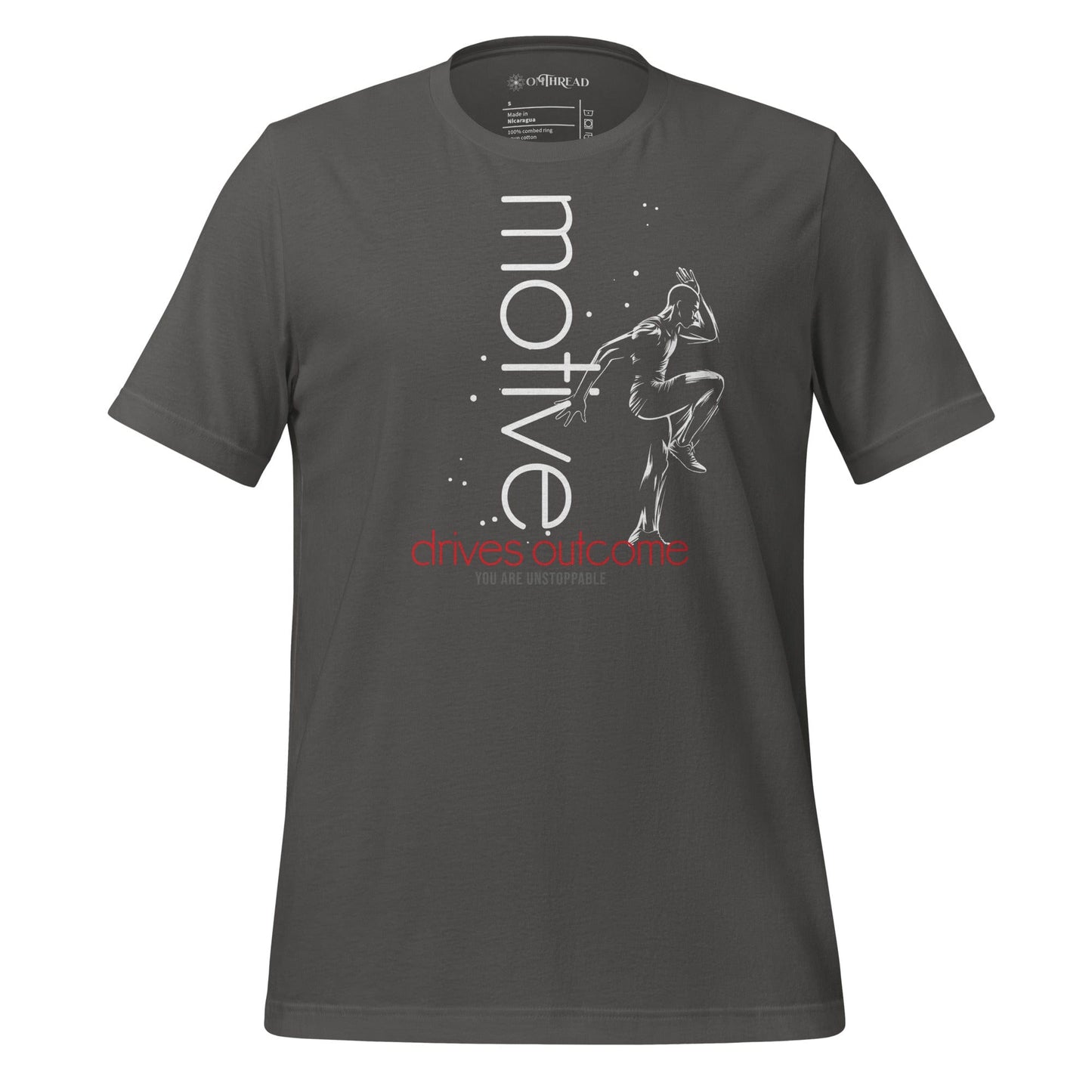 OMThread light gray t-shirt with white silhouette of an athlete in motion, text reading "Motive Drives Outcome" in vertical alignment.