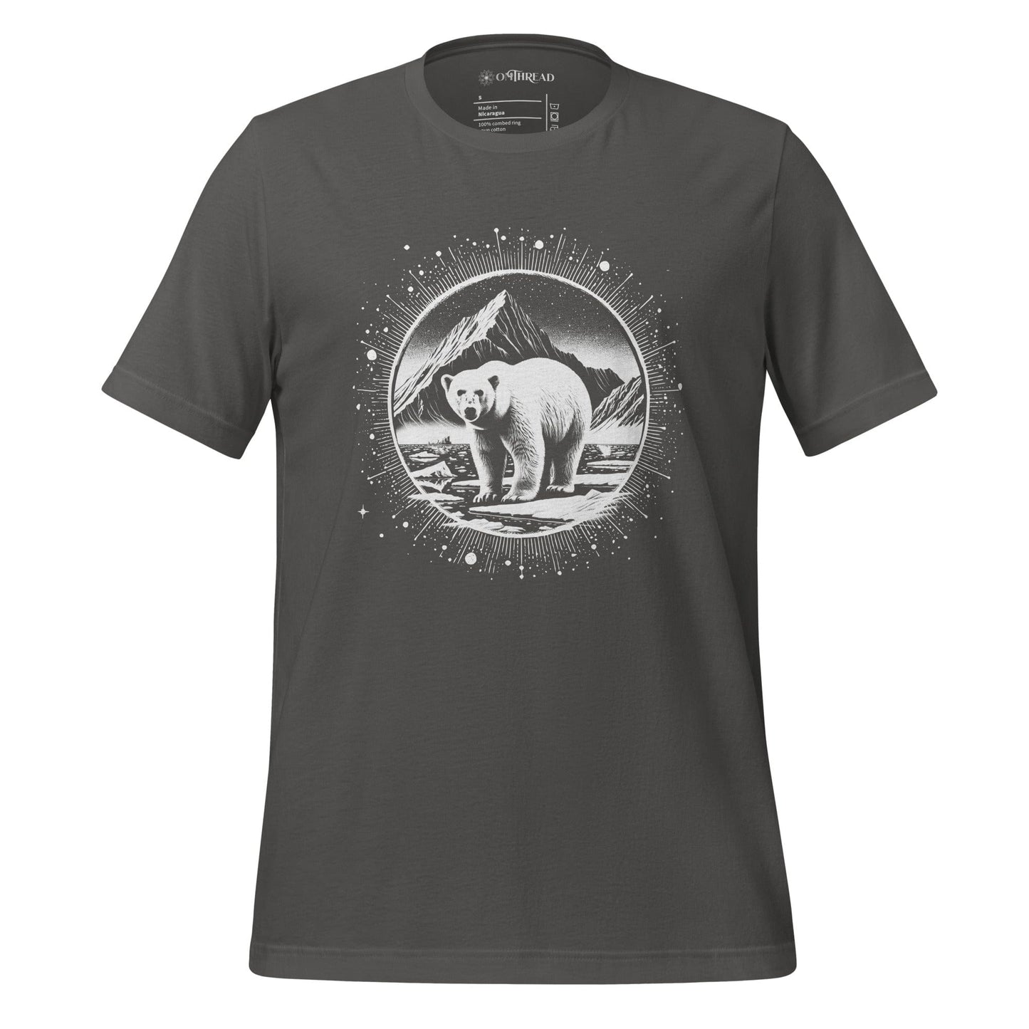 OMTHREAD gray t-shirt featuring a detailed black and white illustration of a polar bear standing in an Arctic landscape, framed by a circular cosmic halo design.