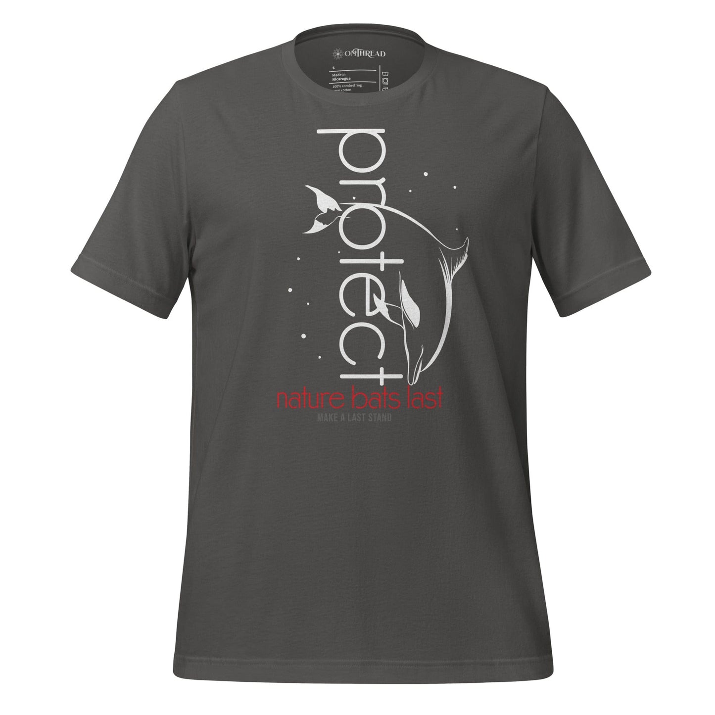 OMTHREAD light grey t-shirt featuring a white dolphin illustration with the word "Protect" in vertical text and "Nature Bats Last" in red and "Make a Last Stand" below.