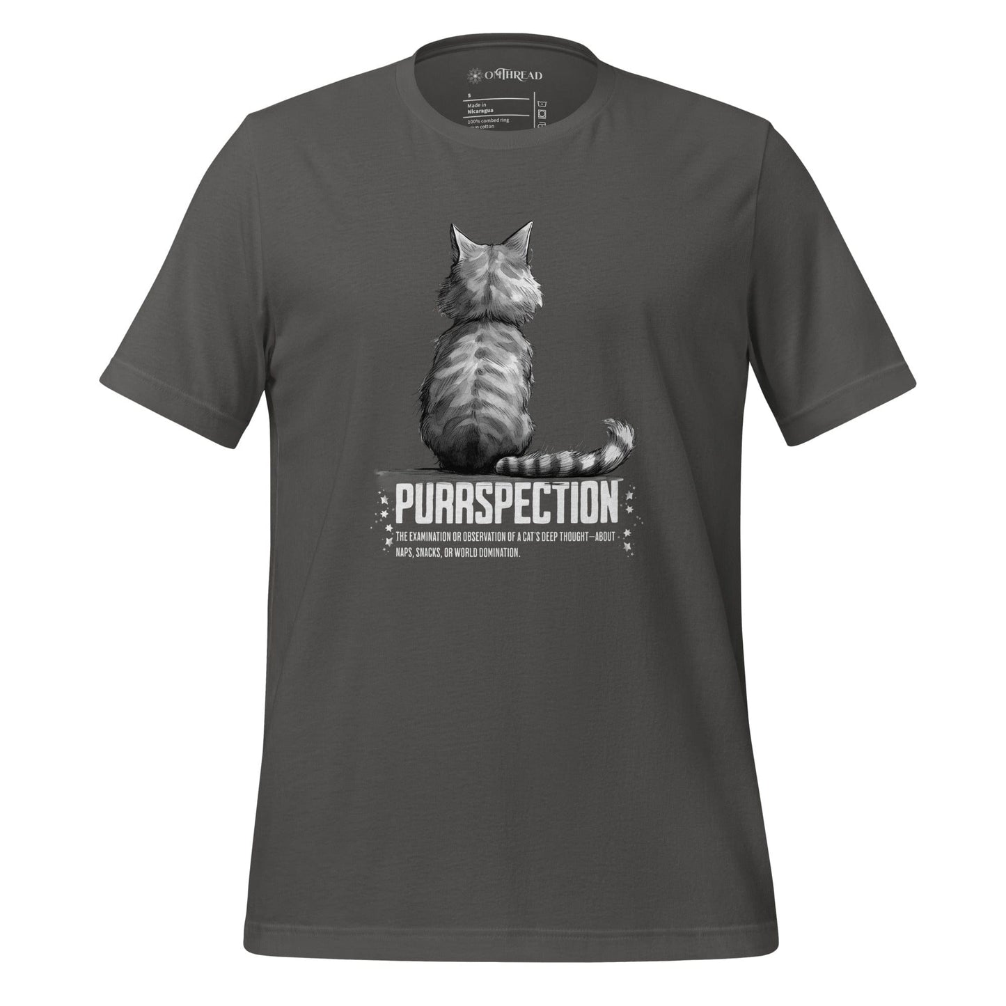 OMTHREAD Purrspection Cat light gray T-Shirt featuring a cat's back with the word 'Purrspection' and a funny definition below