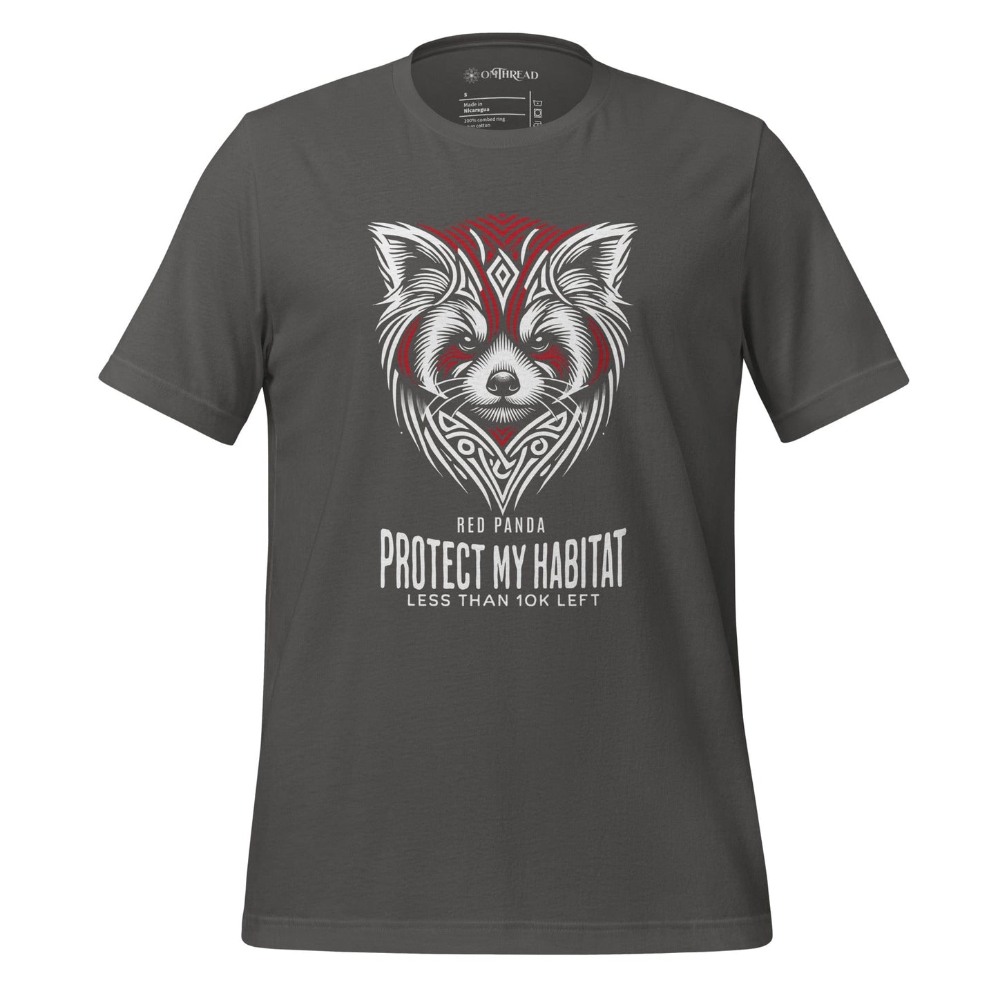 OMThread gray t-shirt with a red panda tribal-style design and the text "Protect My Habitat Less Than 10K Left" in white and red.