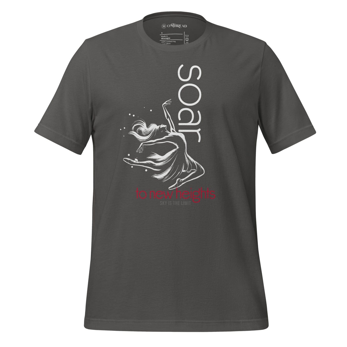 OMTHREAD gray t-shirt featuring a white ballet dancer illustration with "Soar to New Heights" in white and red text.
