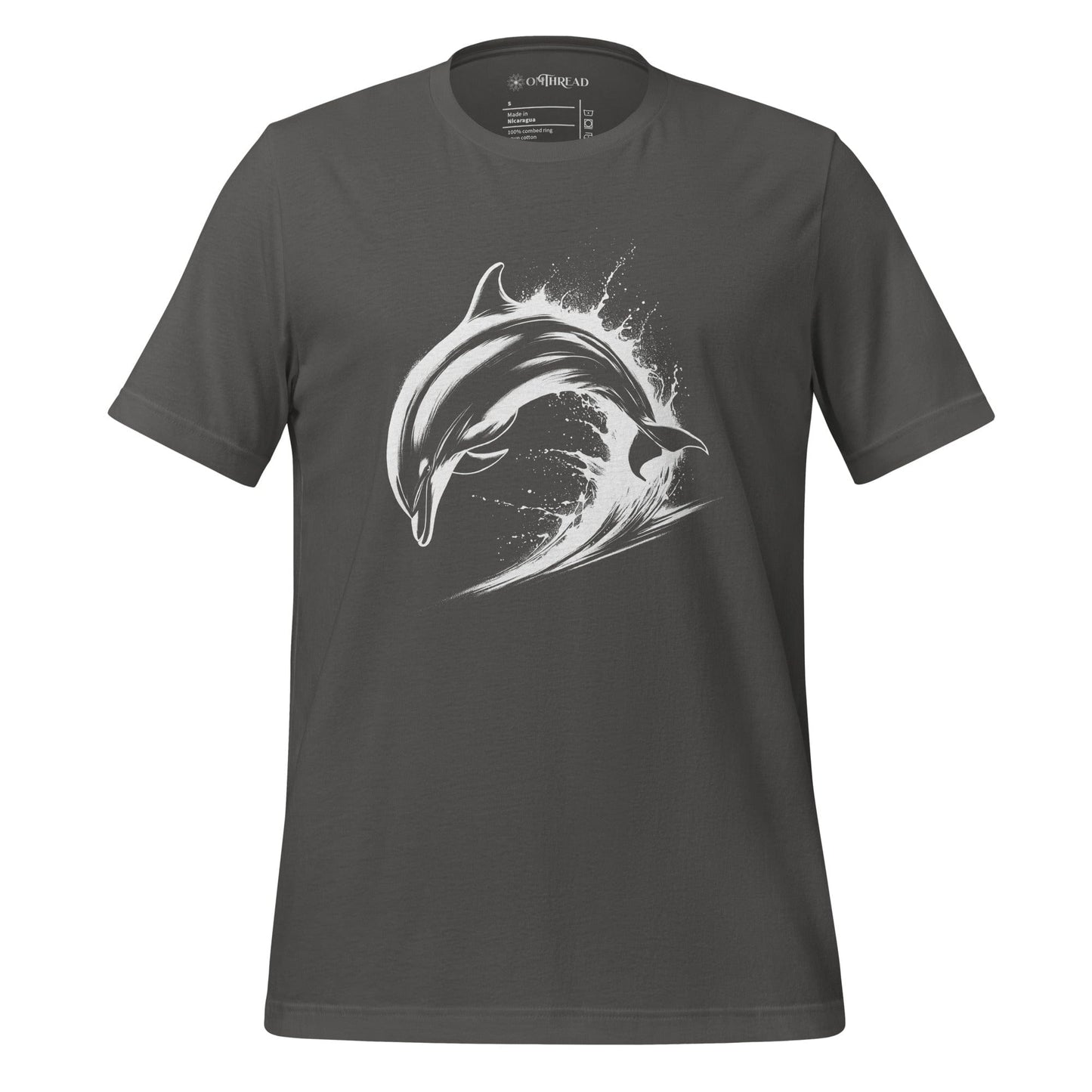 OMTHREAD gray t-shirt featuring a white dolphin mid-leap over ocean waves, designed in a bold, high-contrast style.