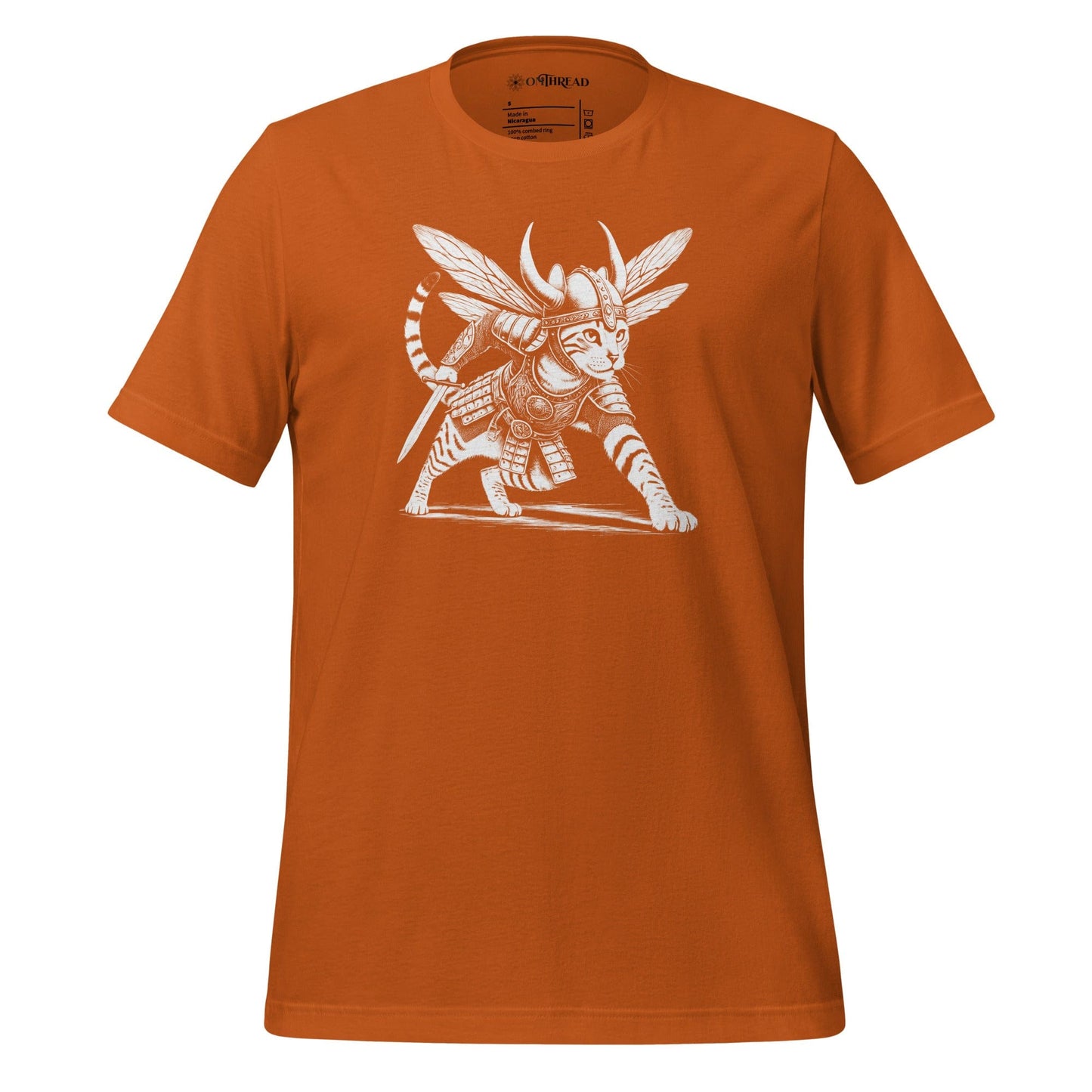 OMThread orange t-shirt featuring an intricately illustrated Viking warrior cat in a battle-ready stance, wearing detailed armor, a horned helmet, and insect-like wings, holding a sword.