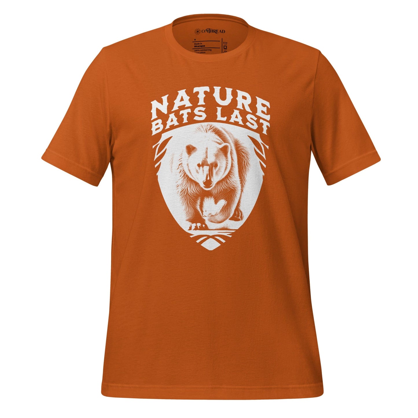 OMTHREAD Autumn Orange T-Shirt with a detailed polar bear illustration and bold "Nature Bats Last" text.