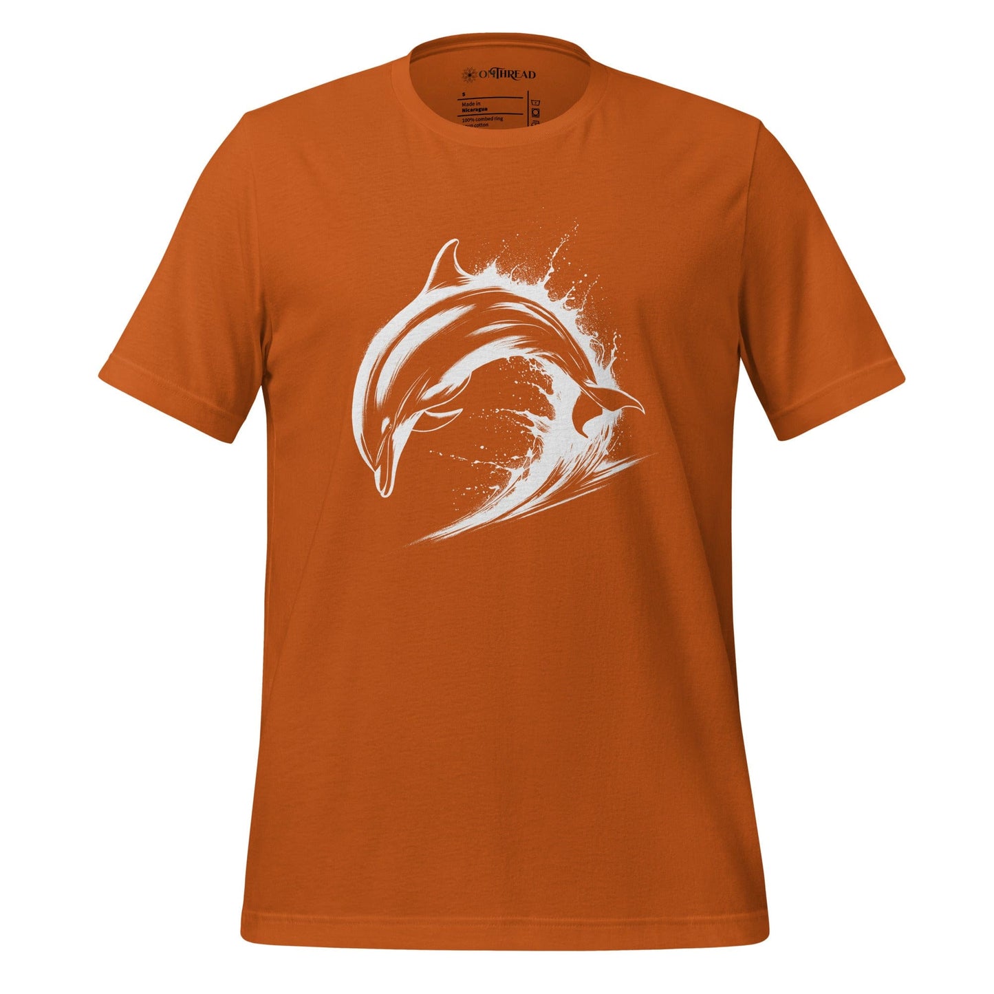 OMTHREAD autumn orange t-shirt featuring a white dolphin mid-leap over ocean waves, designed in a bold, high-contrast style.