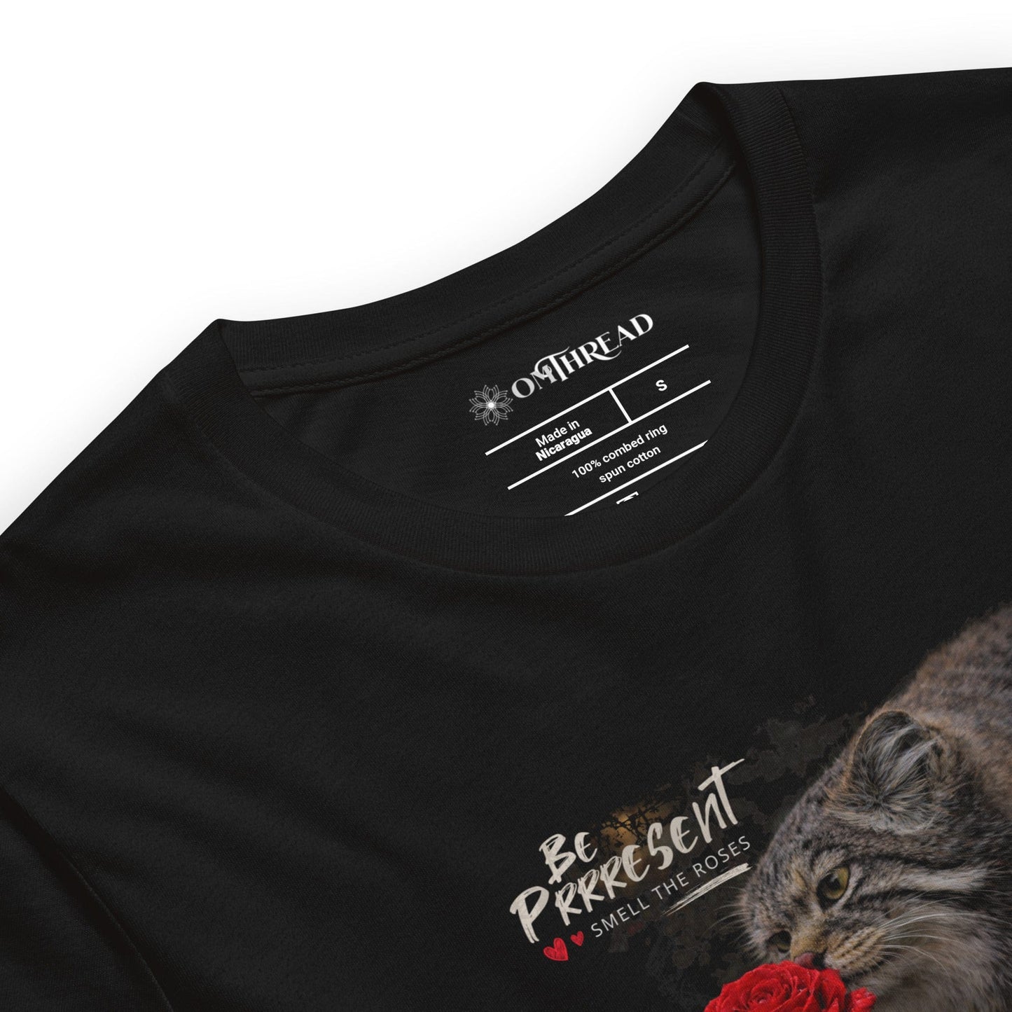 OMTHREAD Be Purr-sent Zen Pallas Cat T-Shirt Mindful Wildcat with Red Rose
