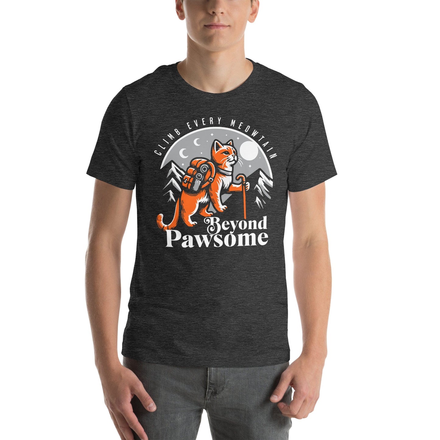 Man wearing OMThread Beyond Pawsome T-shirt, dark gray with a fun graphic of a hiking cat under a mountain scene, perfect for adventure and cat lovers alike.
Cat graphic tee | Cute cat t-shirt design | Feline lovers gift | Pet-themed apparel