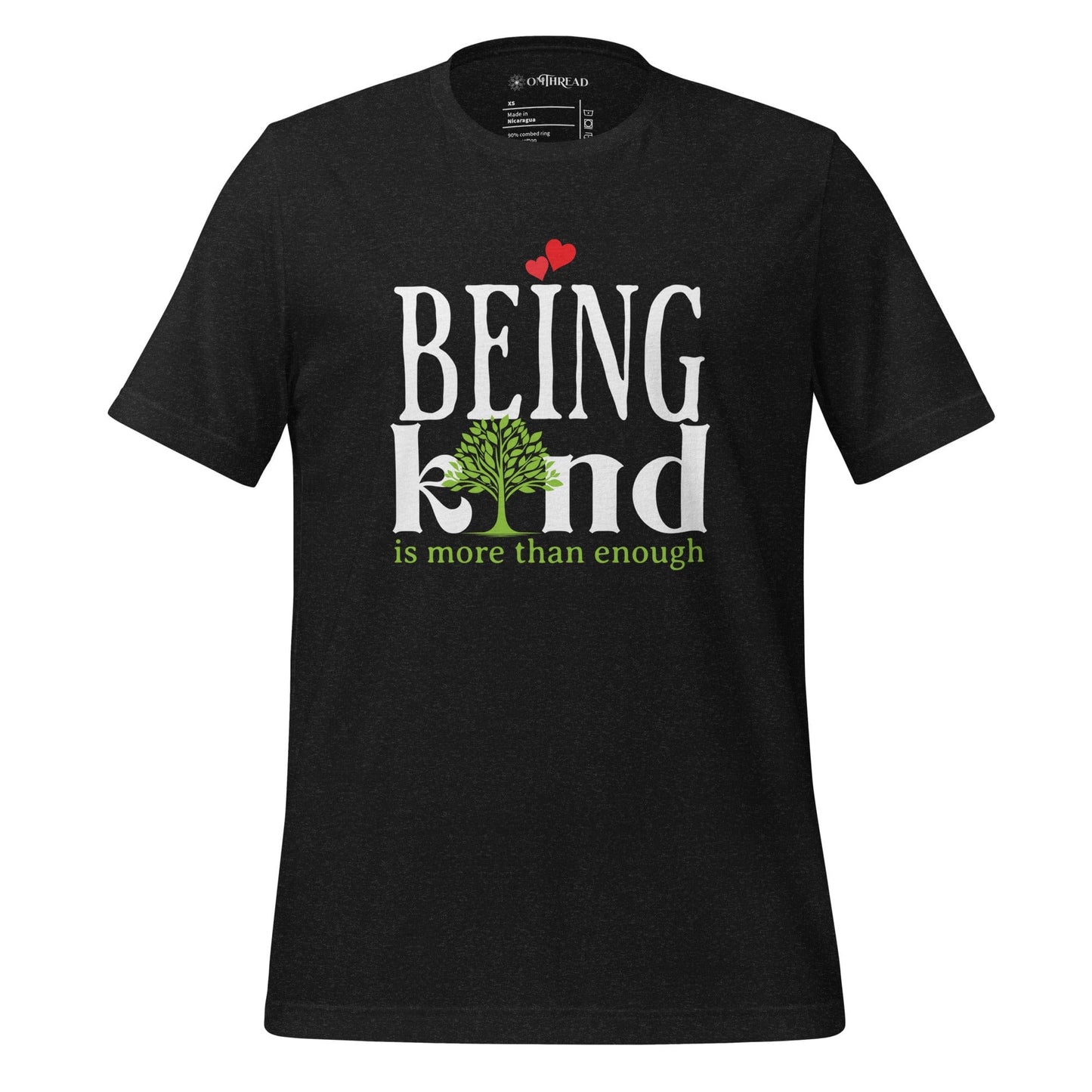 OMTHREAD black t-shirt with "BEING kind is more than enough" design featuring a tree with hearts.