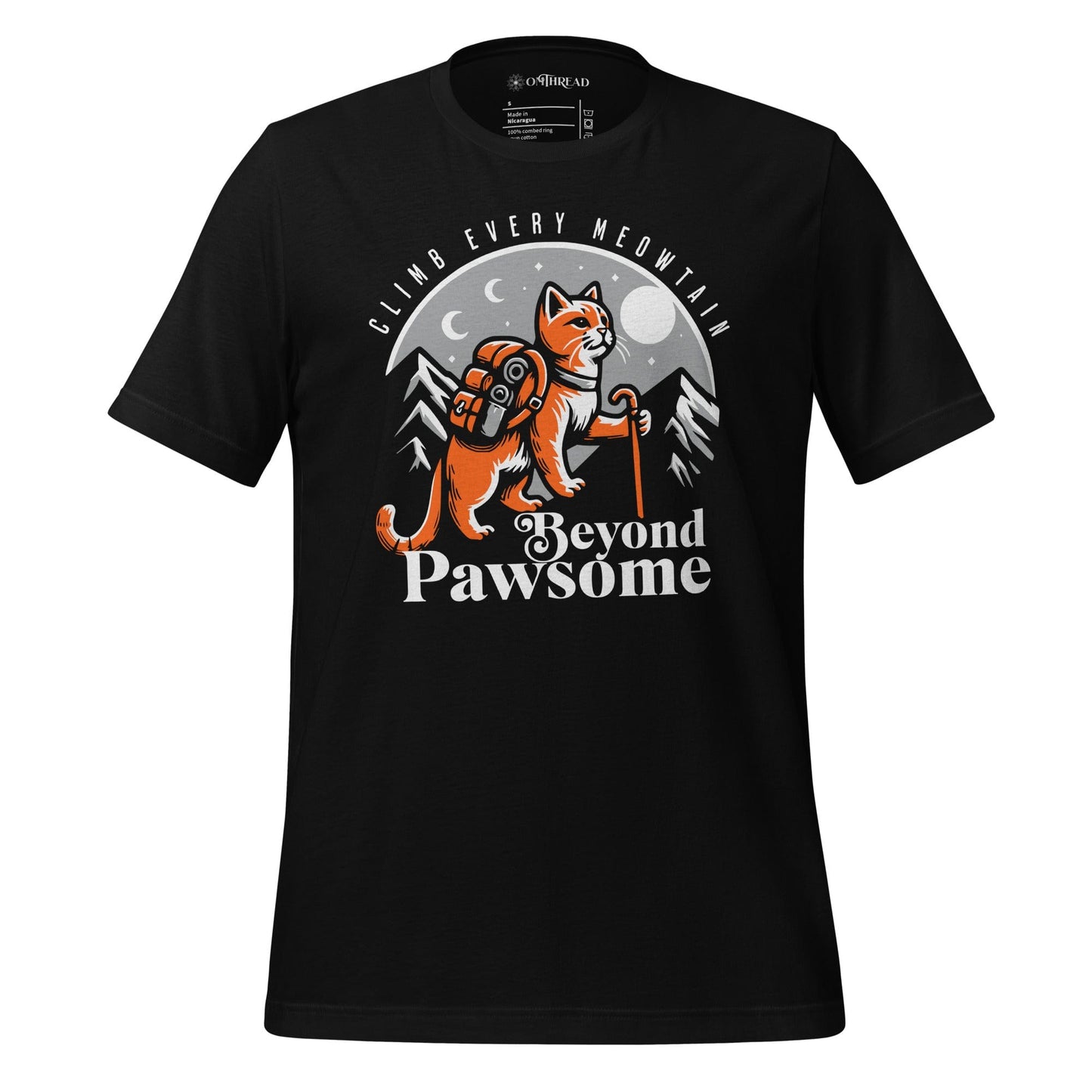 OMThread black t-shirt featuring an adventurous orange cat with a backpack and hiking stick. The cat stands against a mountain and moonlit night backdrop. The design includes the text "Climb Every Meowntain" above and "Beyond Pawsome" below.