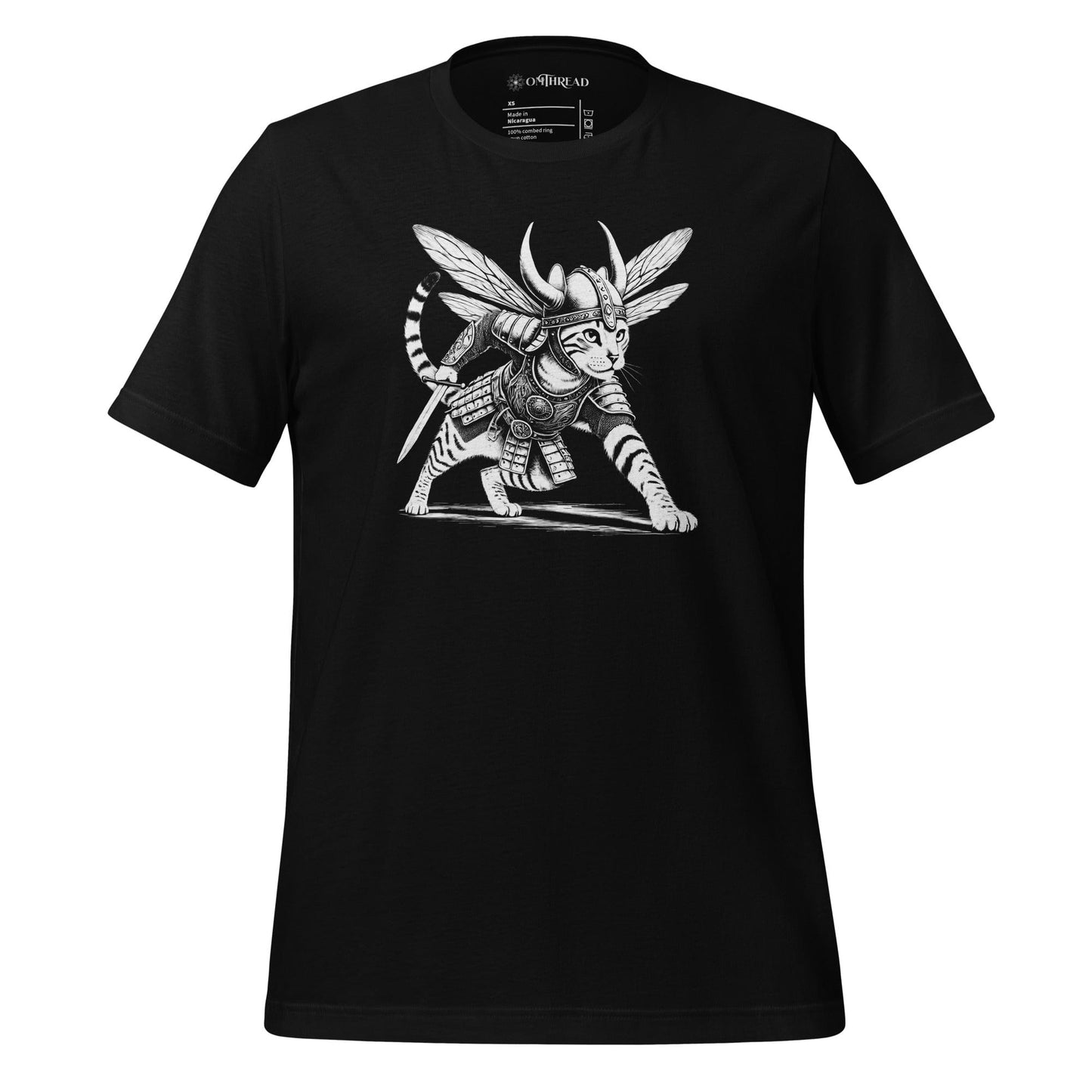 OMThread black t-shirt featuring an intricately illustrated Viking warrior cat in a battle-ready stance, wearing detailed armor, a horned helmet, and insect-like wings, holding a sword.