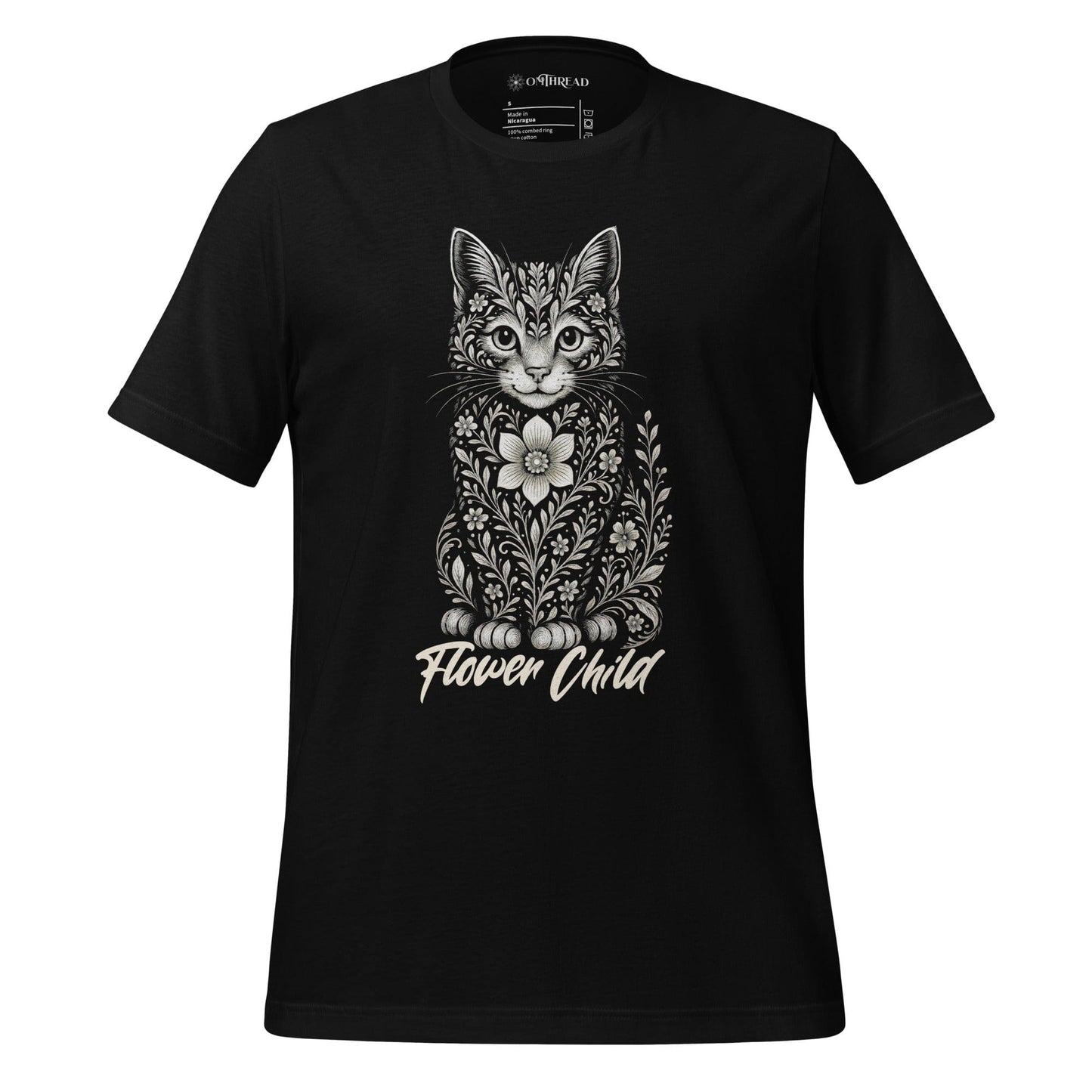 OMTHREAD Black / S Flower Child Cat Shirt Hippie Floral Cat Design