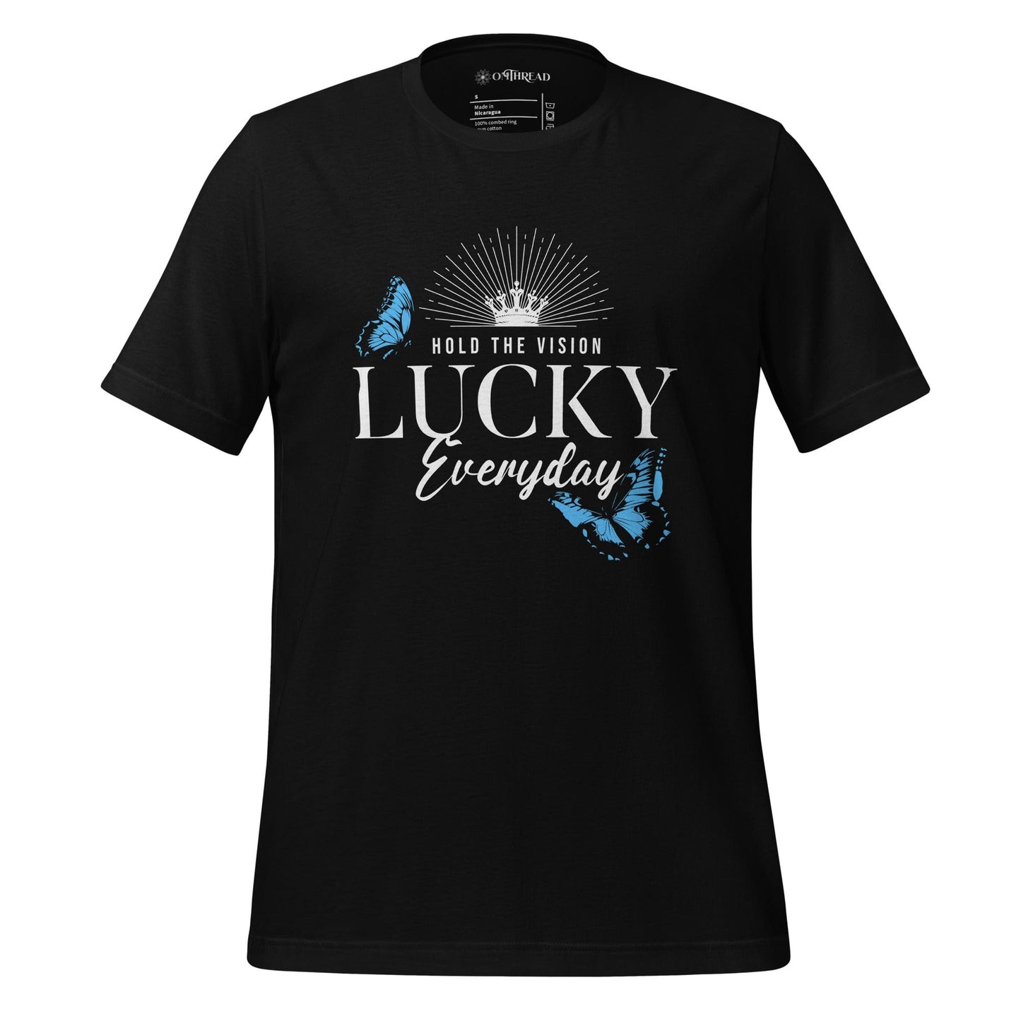 OMTHREAD black t-shirt featuring the text "Hold the Vision" above "LUCKY Everyday" with a crown and butterfly designs in blue, creating a motivational and inspirational visual.