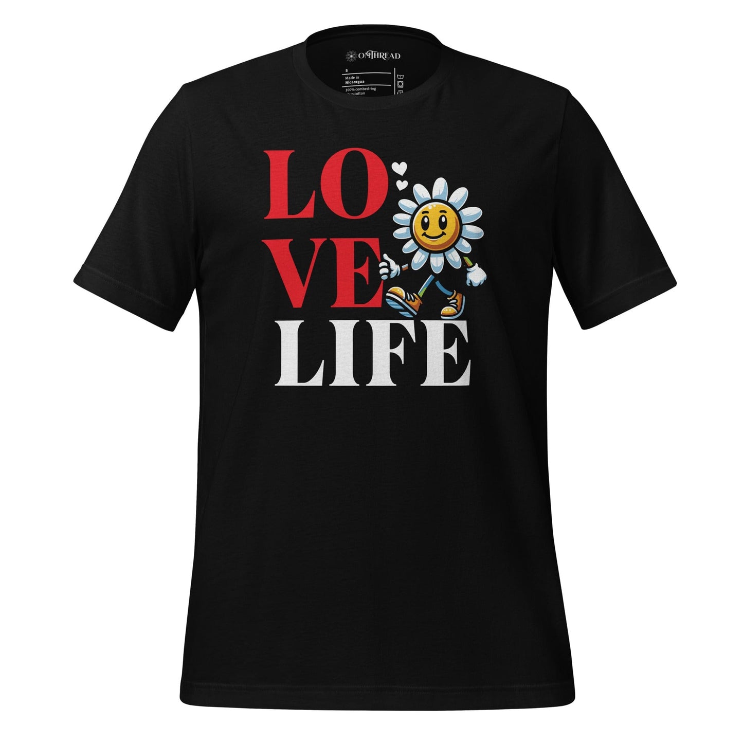 OMTHREAD black t-shirt with "LOVE LIFE" design featuring a smiling flower character and hearts.