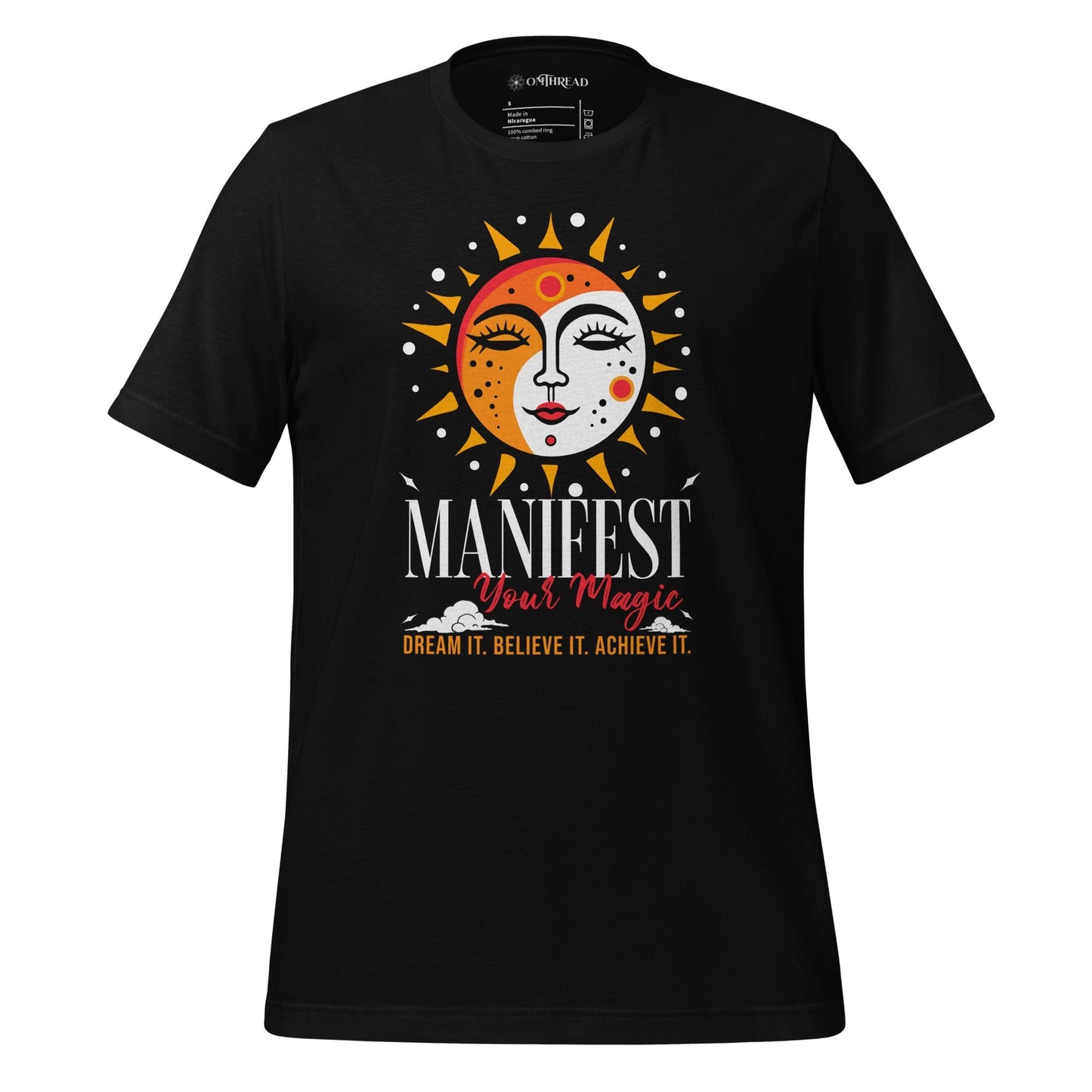 OMTHREAD black t-shirt with a colorful sun design featuring the words "MANIFEST Your Magic" in white and red font, with the phrase "DREAM IT. BELIEVE IT. ACHIEVE IT." in yellow text below the sun.