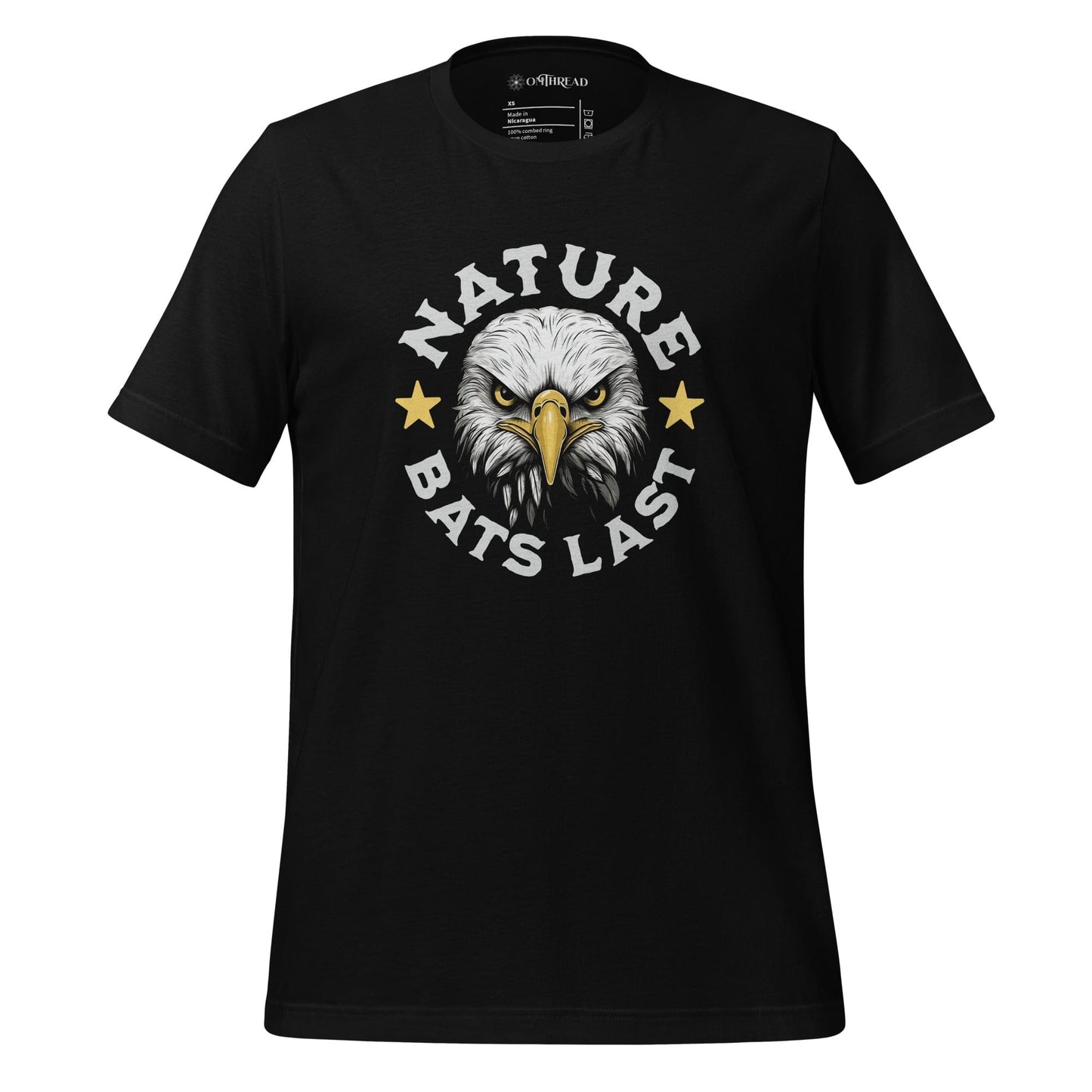 OMTHREAD black t-shirt featuring a fierce bald eagle illustration with "Nature Bats Last" text in bold white letters, accented by two yellow stars.