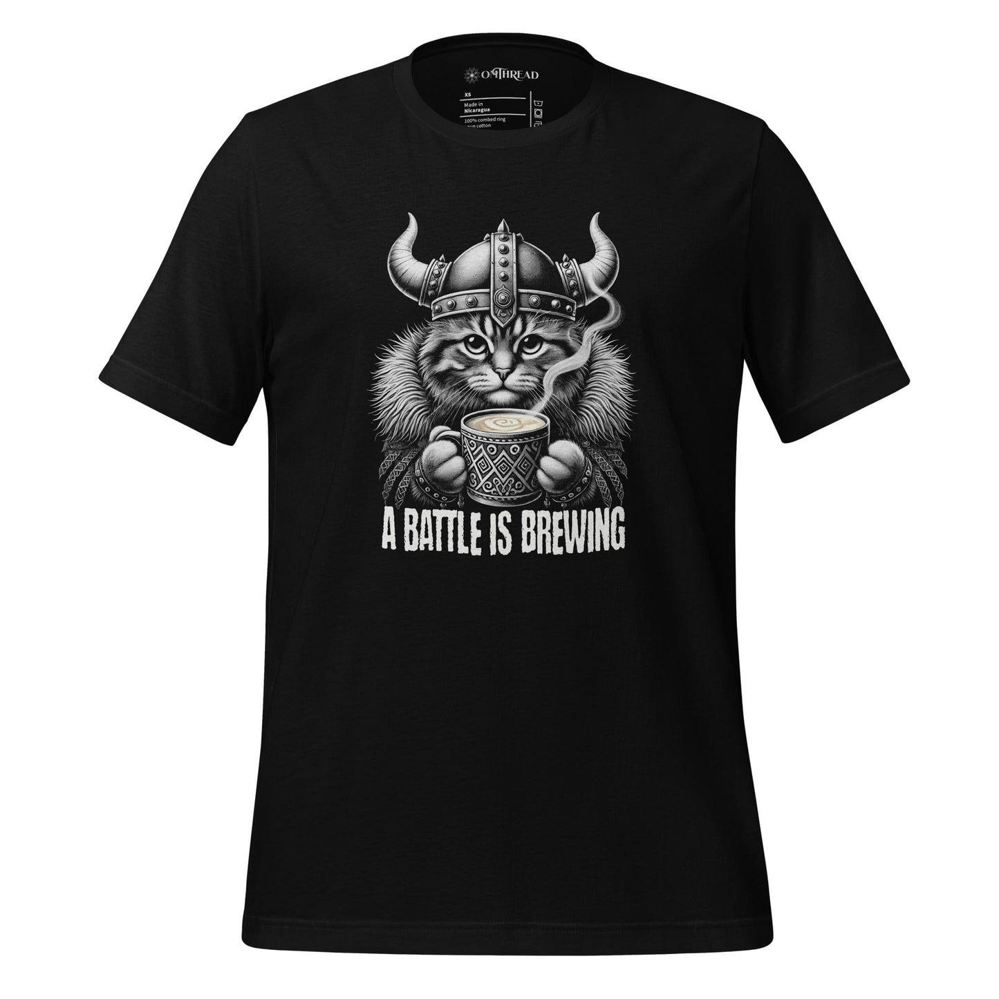 OMTHREAD A Battle Is Brewing Viking Cat black T-Shirt featuring a fierce feline in Norse warrior gear holding a steaming cup of coffee. Perfect for coffee lovers, cat enthusiasts, and Viking mythology fans. Soft cotton unisex tee.