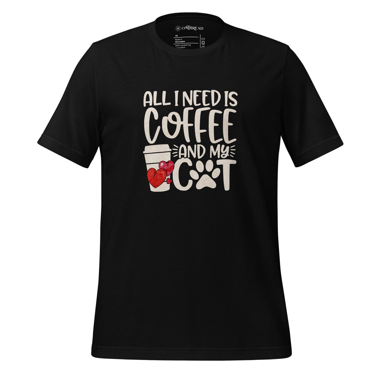 OMTHREAD black t-shirt featuring the phrase "All I Need is Coffee and My Cat" in bold white lettering, accompanied by a heart-decorated coffee cup and a paw print design.