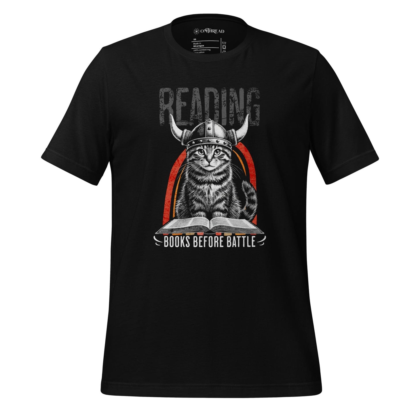 OMTHREAD Black / XS Books Before Battle Viking Cat T-Shirt | Funny Feline Graphic Tee